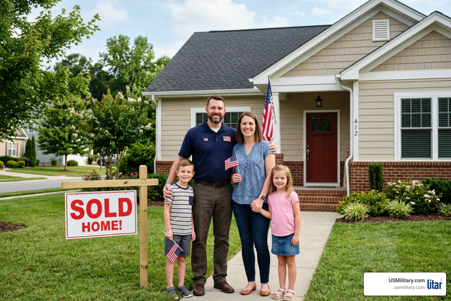 US military veteran family standing in front of their new home with a sold sign US military veteran family standing in front of their new home with a sold sign