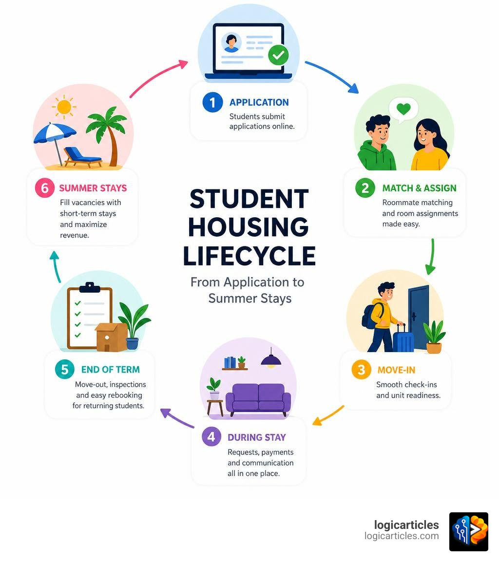 Student housing lifecycle from application to summer stays infographic infographic Student housing lifecycle from application to summer stays infographic infographic