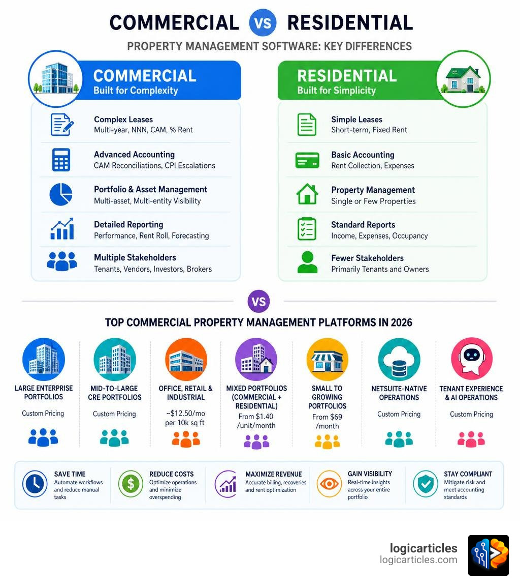 Infographic comparing commercial vs residential property management software features and top platforms 2026 infographic Infographic comparing commercial vs residential property management software features and top platforms 2026 infographic