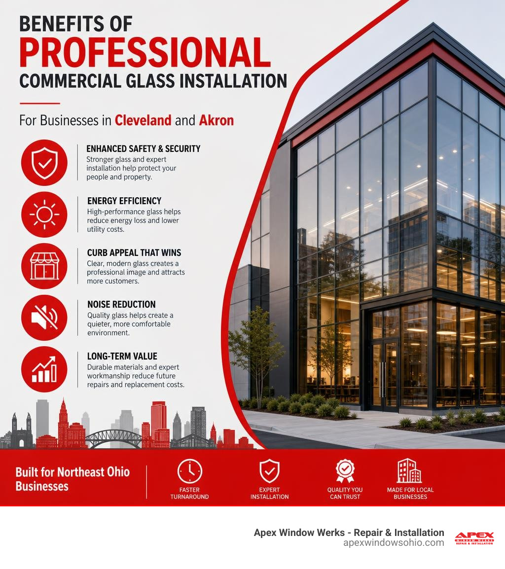 Benefits of professional commercial glass installation for businesses in Cleveland and Akron infographic