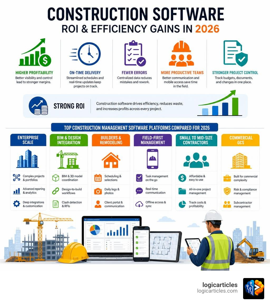 Construction software ROI efficiency gains and top platforms compared for 2026 infographic Construction software ROI efficiency gains and top platforms compared for 2026 infographic