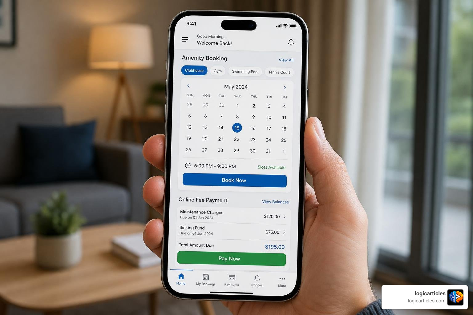 Resident mobile app interface showing amenity booking and online fee payment options Resident mobile app interface showing amenity booking and online fee payment options
