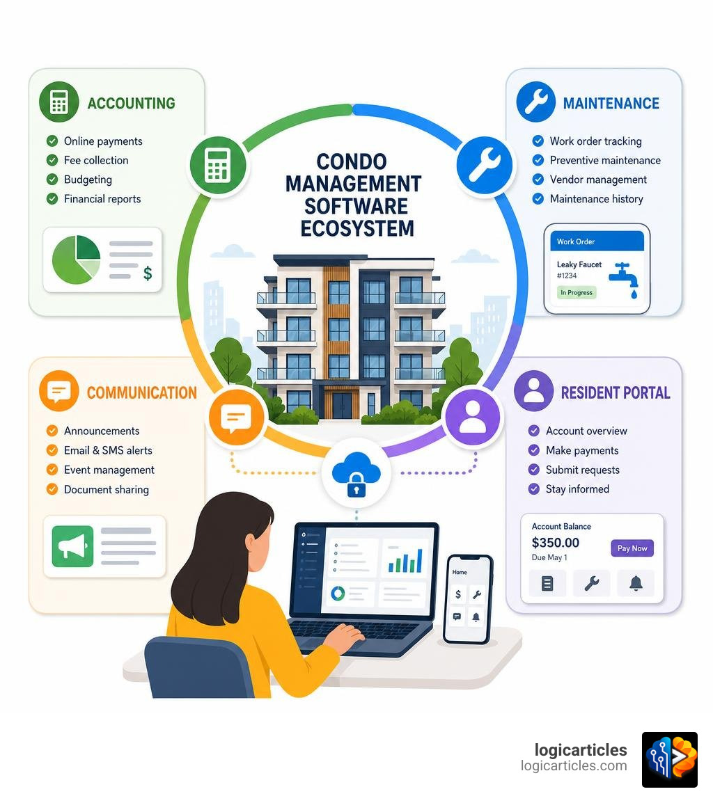 Condo management software ecosystem showing accounting, maintenance, communication, and resident portal features infographic Condo management software ecosystem showing accounting, maintenance, communication, and resident portal features infographic