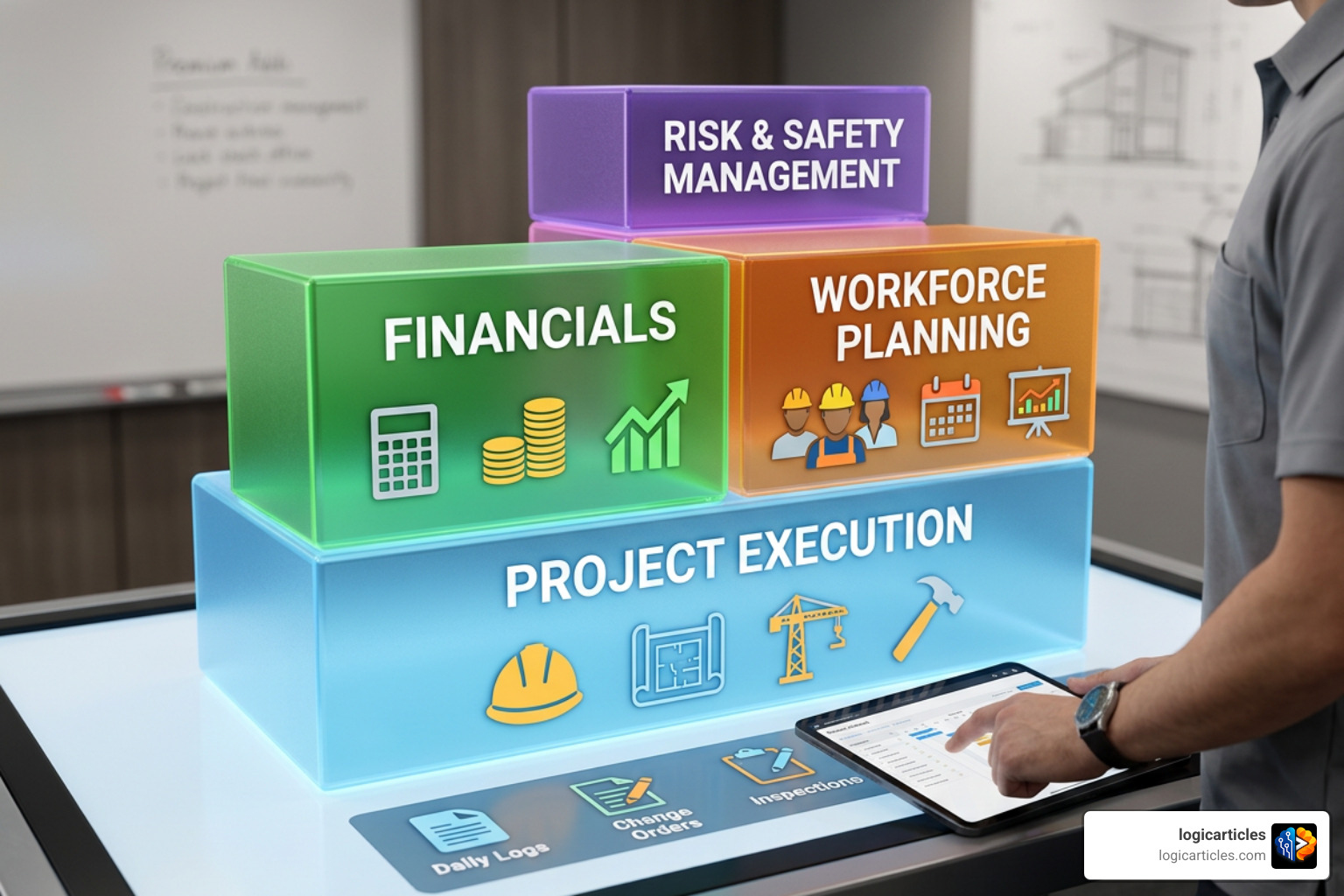 Graphic showing the modular structure of Procore: Project Execution at the base with Premium Add-ons like Financials and