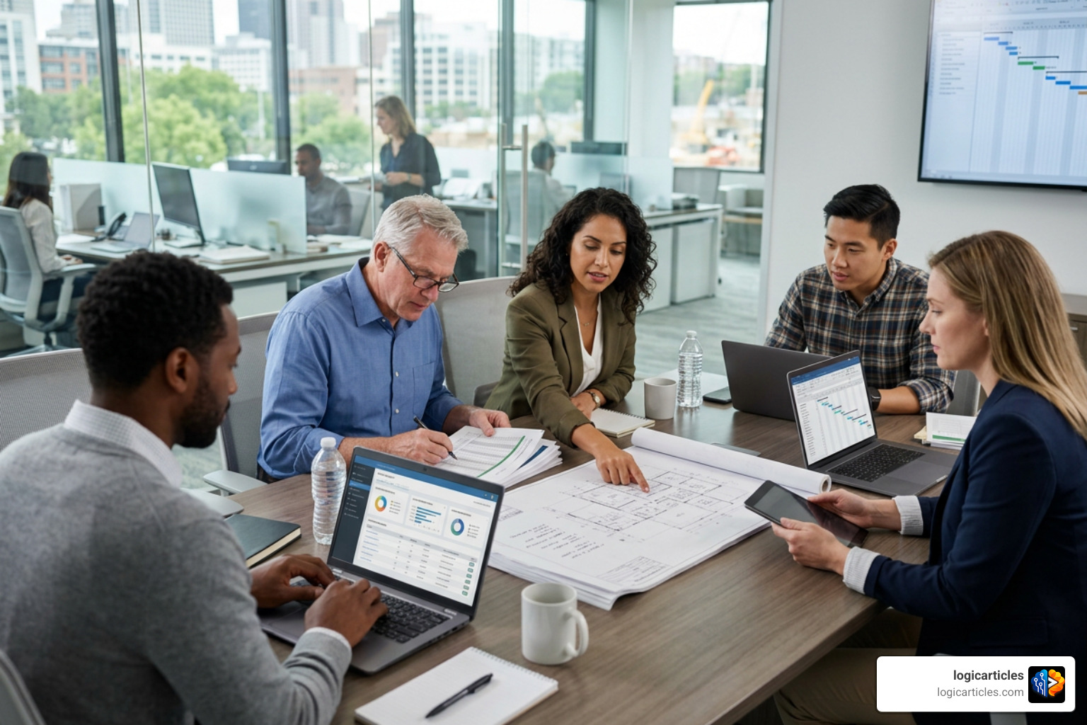 A collaborative construction office team working on software implementation and data migration