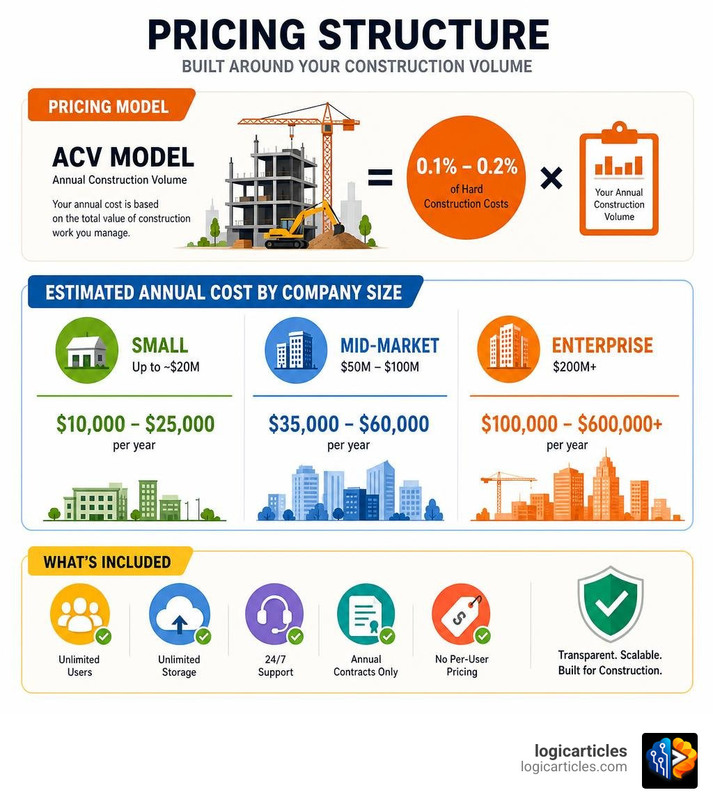 Procore pricing structure infographic showing ACV model, estimated costs by company size, and included features infographic