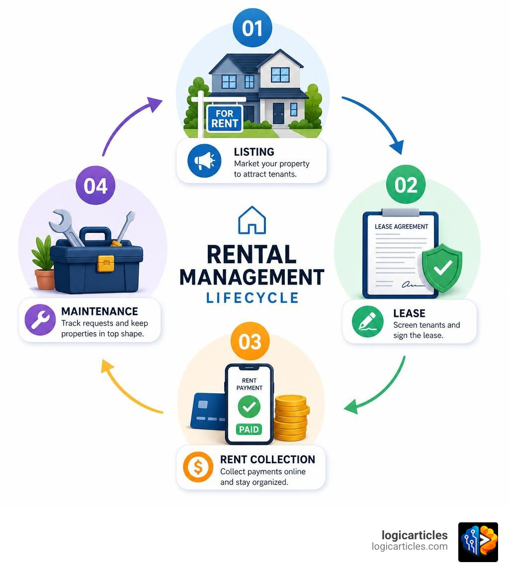 rental management lifecycle infographic showing steps from listing to lease to rent collection to maintenance infographic rental management lifecycle infographic showing steps from listing to lease to rent collection to maintenance infographic