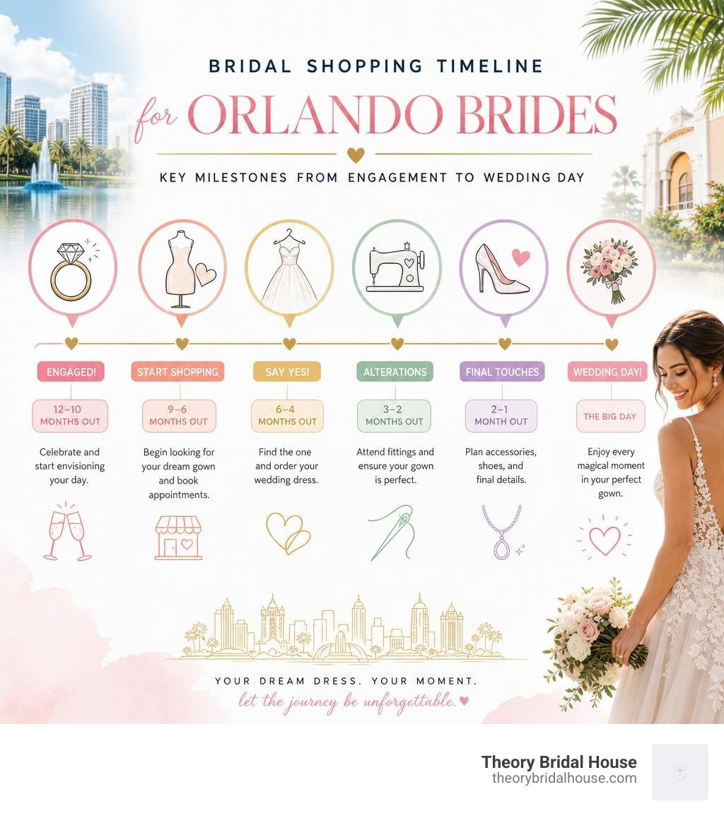 Bridal shopping timeline infographic for Orlando brides showing key milestones from engagement to wedding day infographic Bridal shopping timeline infographic for Orlando brides showing key milestones from engagement to wedding day infographic