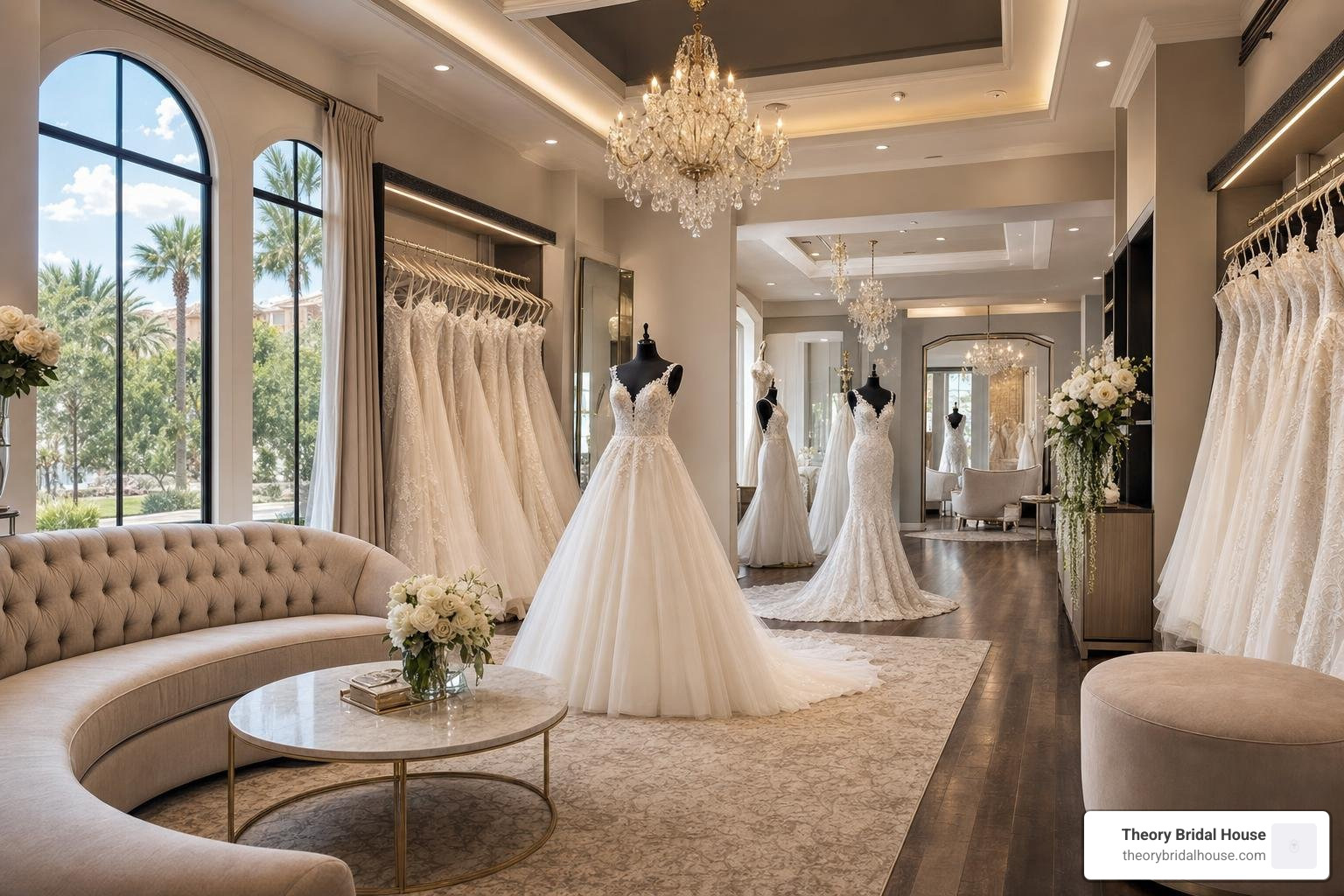Elegant boutique interior in Orlando showcasing luxury wedding gowns Elegant boutique interior in Orlando showcasing luxury wedding gowns