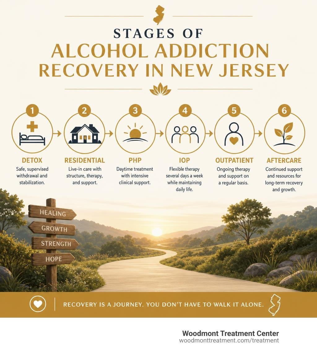 Stages of alcohol addiction recovery in New Jersey: detox, residential, PHP, IOP, outpatient, aftercare infographic Stages of alcohol addiction recovery in New Jersey: detox, residential, PHP, IOP, outpatient, aftercare infographic