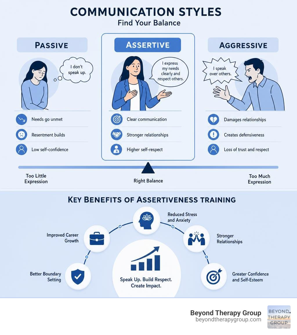 Infographic showing passive, assertive, and aggressive communication styles with key benefits of assertiveness training Infographic showing passive, assertive, and aggressive communication styles with key benefits of assertiveness training