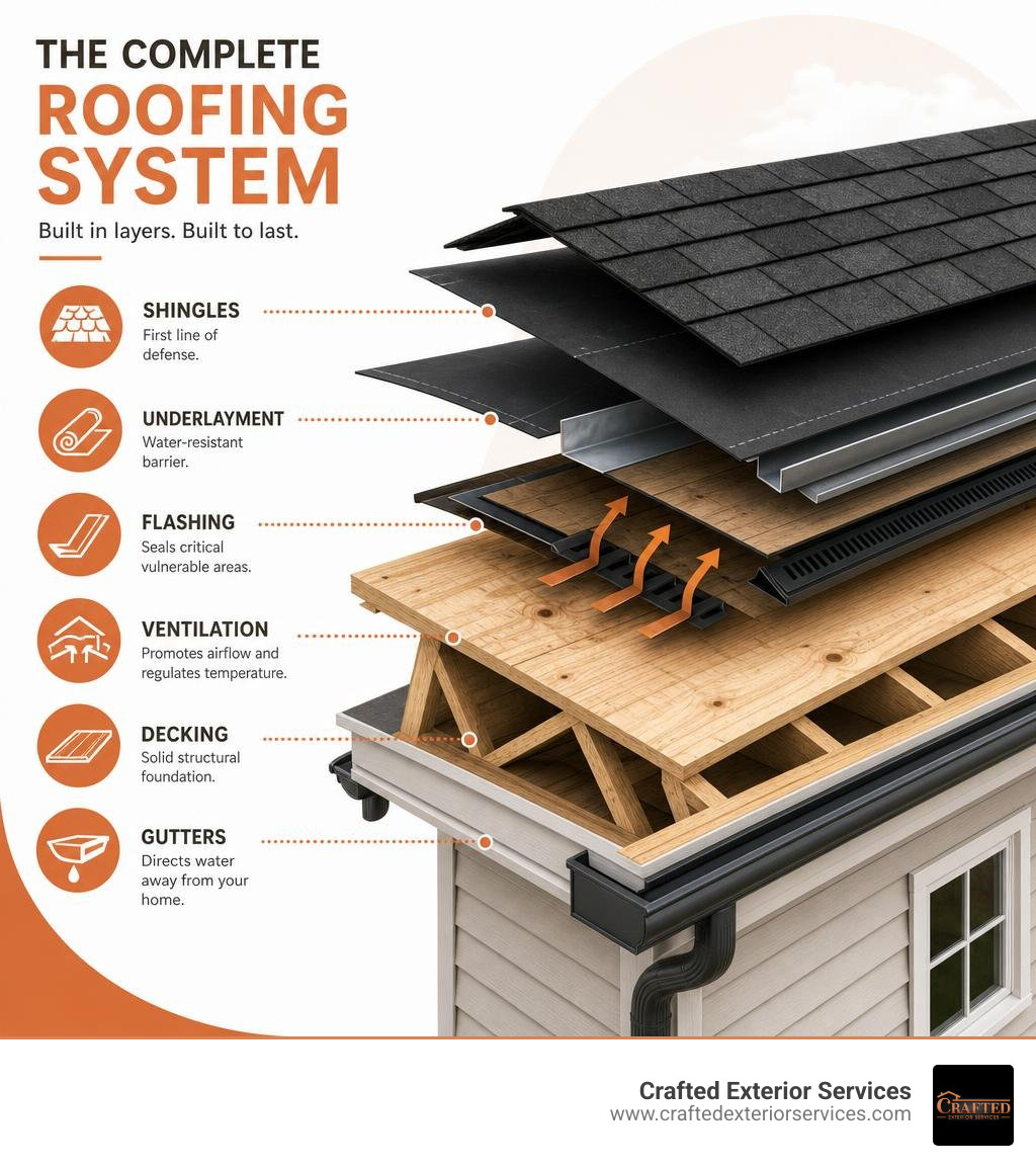 Infographic showing components of a complete roofing system including decking, underlayment, shingles, flashing