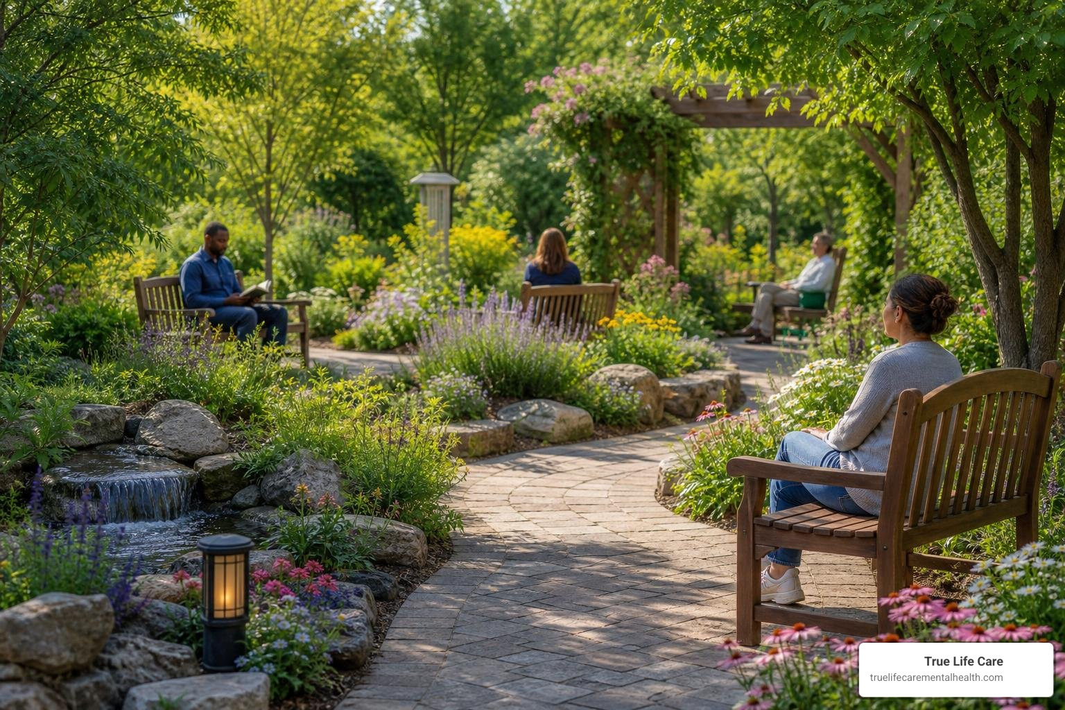 Peaceful outdoor therapeutic space depicting healing and recovery