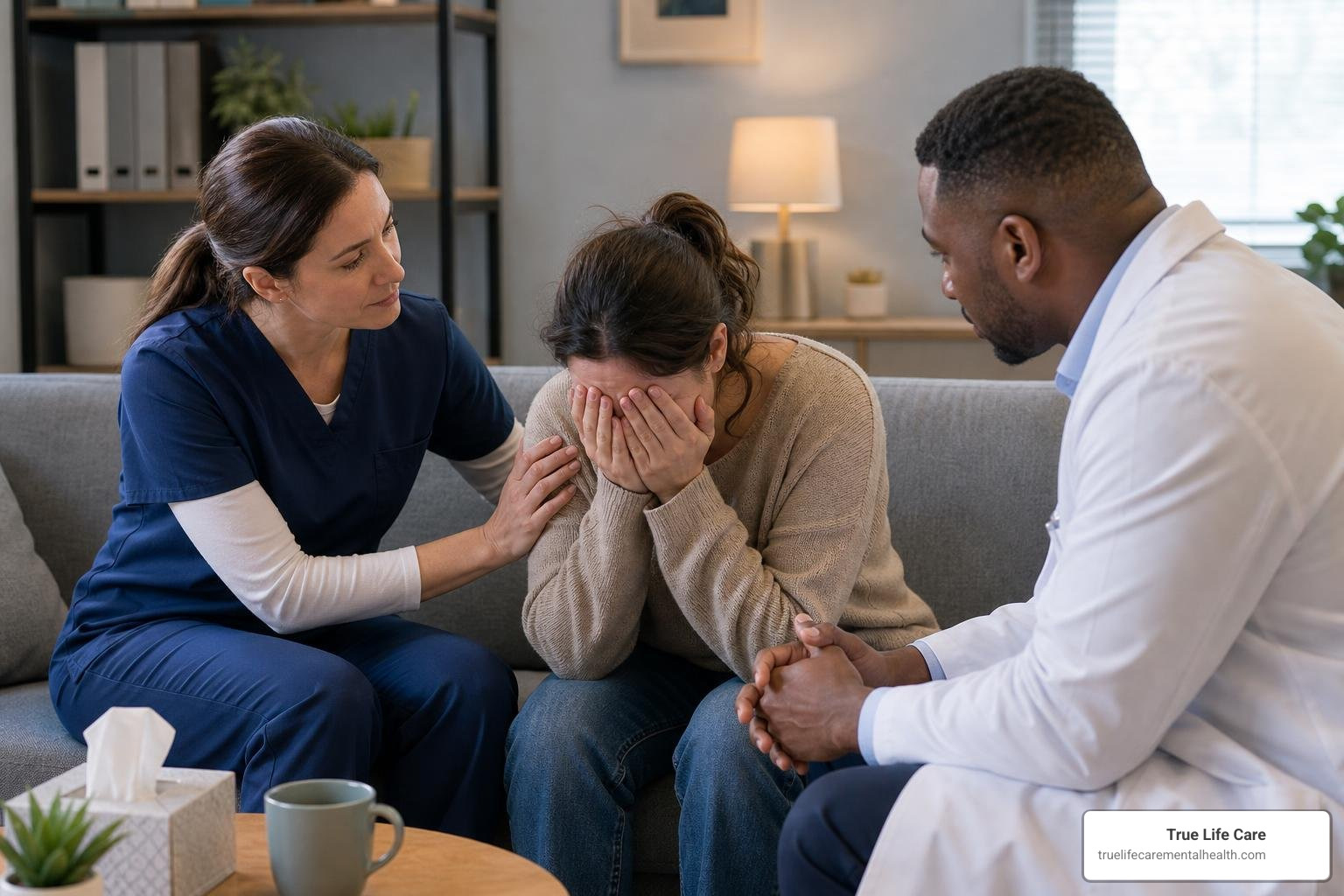 Compassionate healthcare professionals assisting a patient during a psychiatric crisis