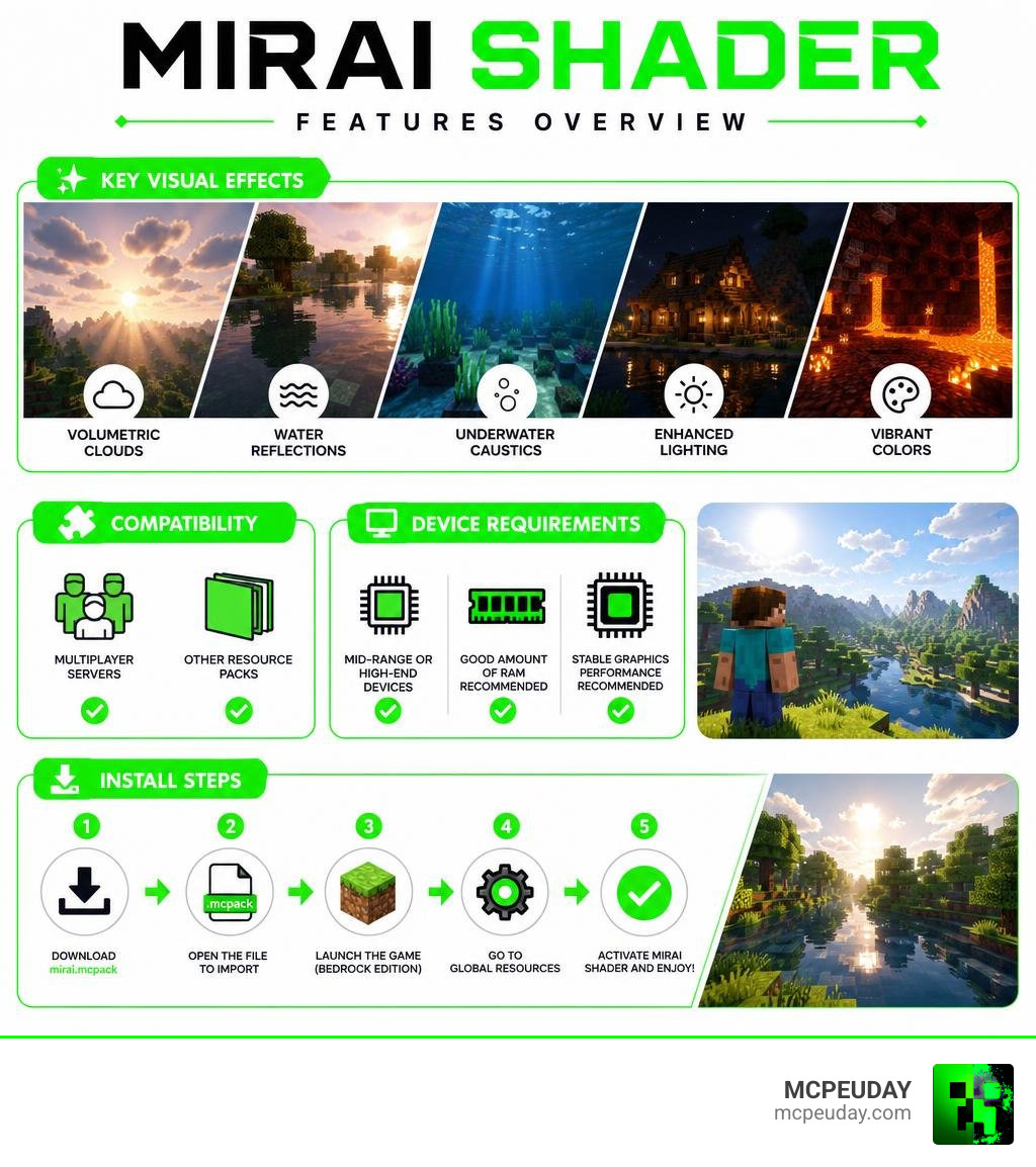 Mirai Shader features overview infographic: key visual effects, compatibility, device requirements, and install steps Mirai Shader features overview infographic: key visual effects, compatibility, device requirements, and install steps