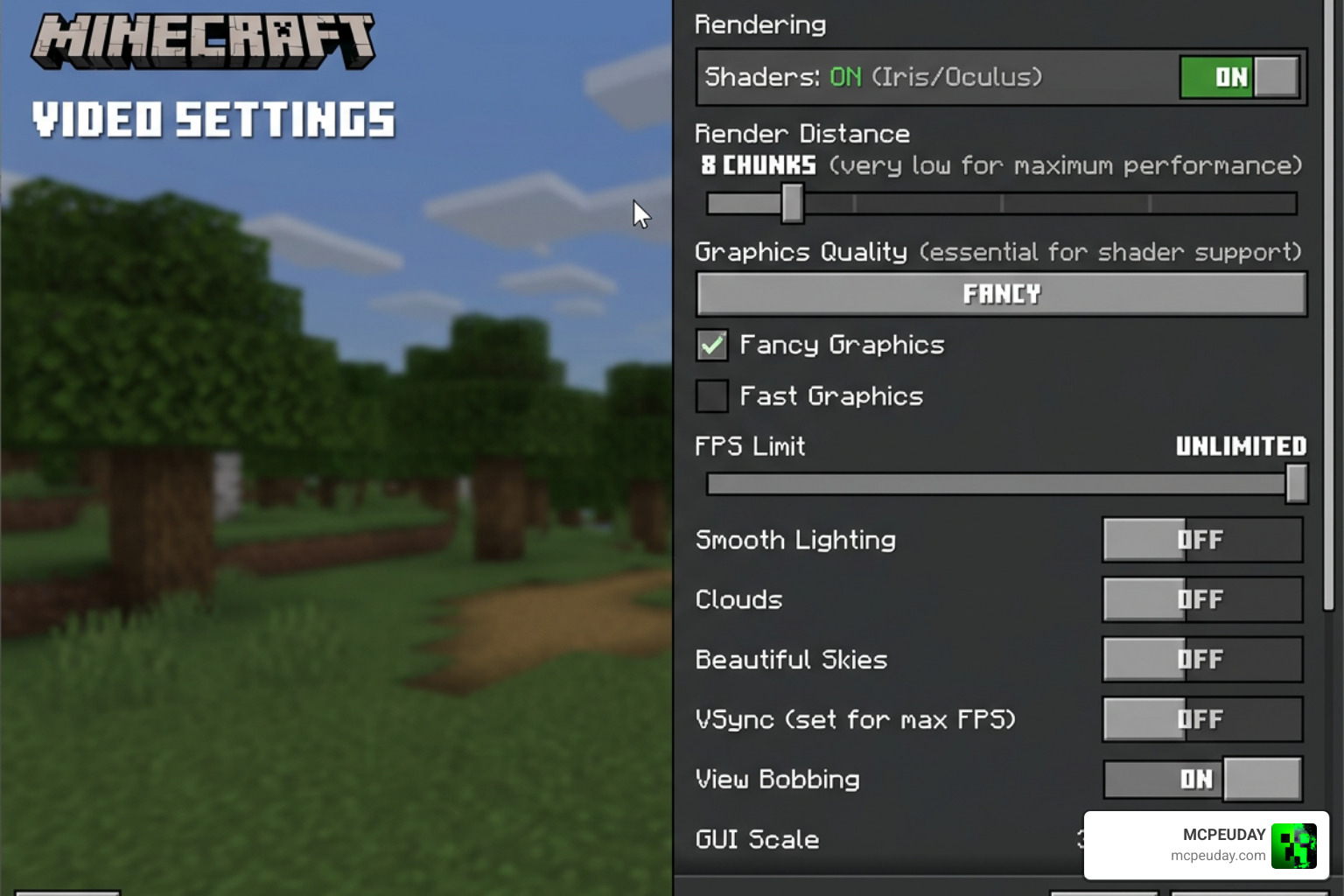 Minecraft settings menu showing adjustments for maximum FPS and shader performance