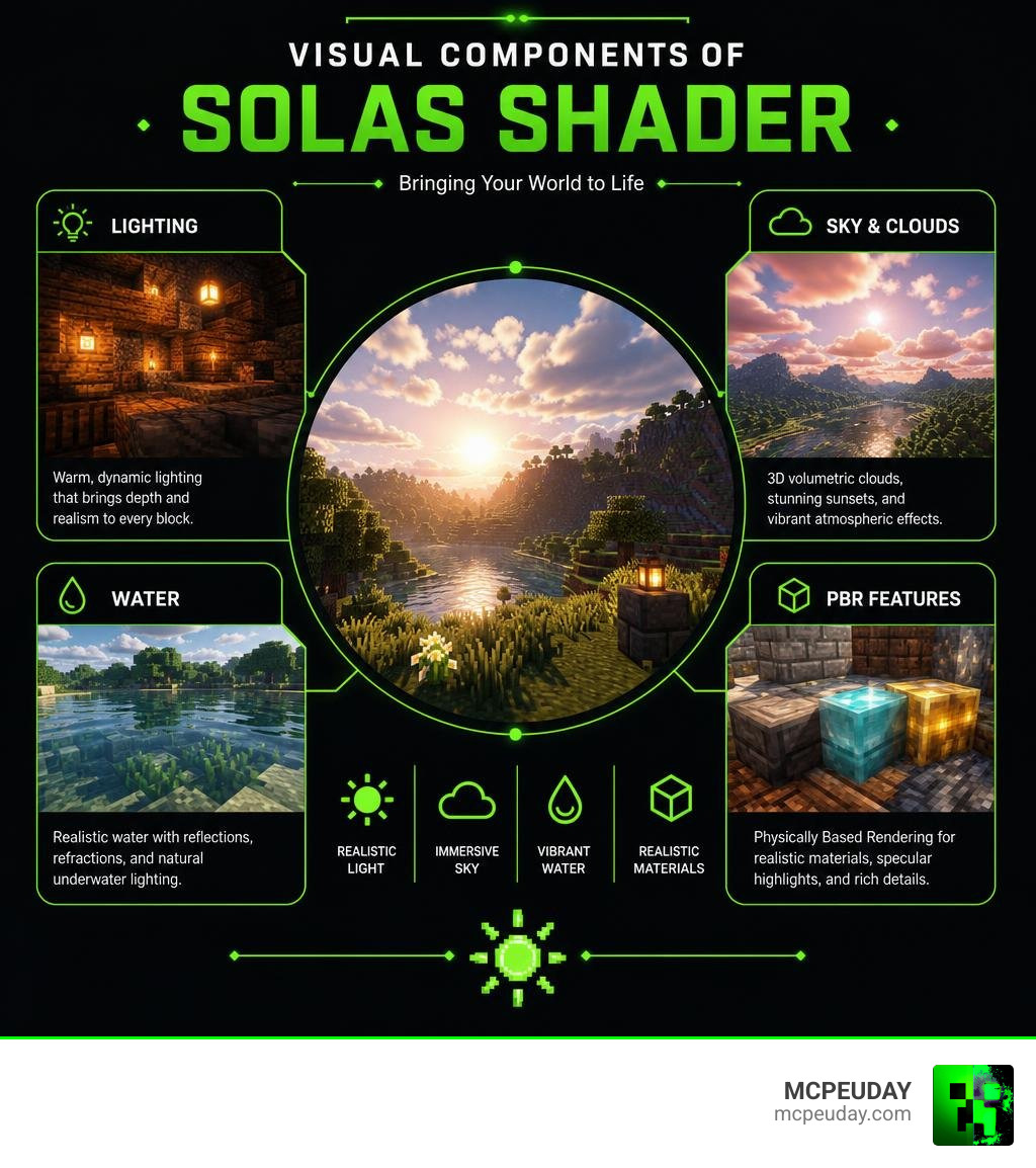 Visual components of Solas Shader infographic showing lighting, sky, water, and PBR features infographic Visual components of Solas Shader infographic showing lighting, sky, water, and PBR features infographic