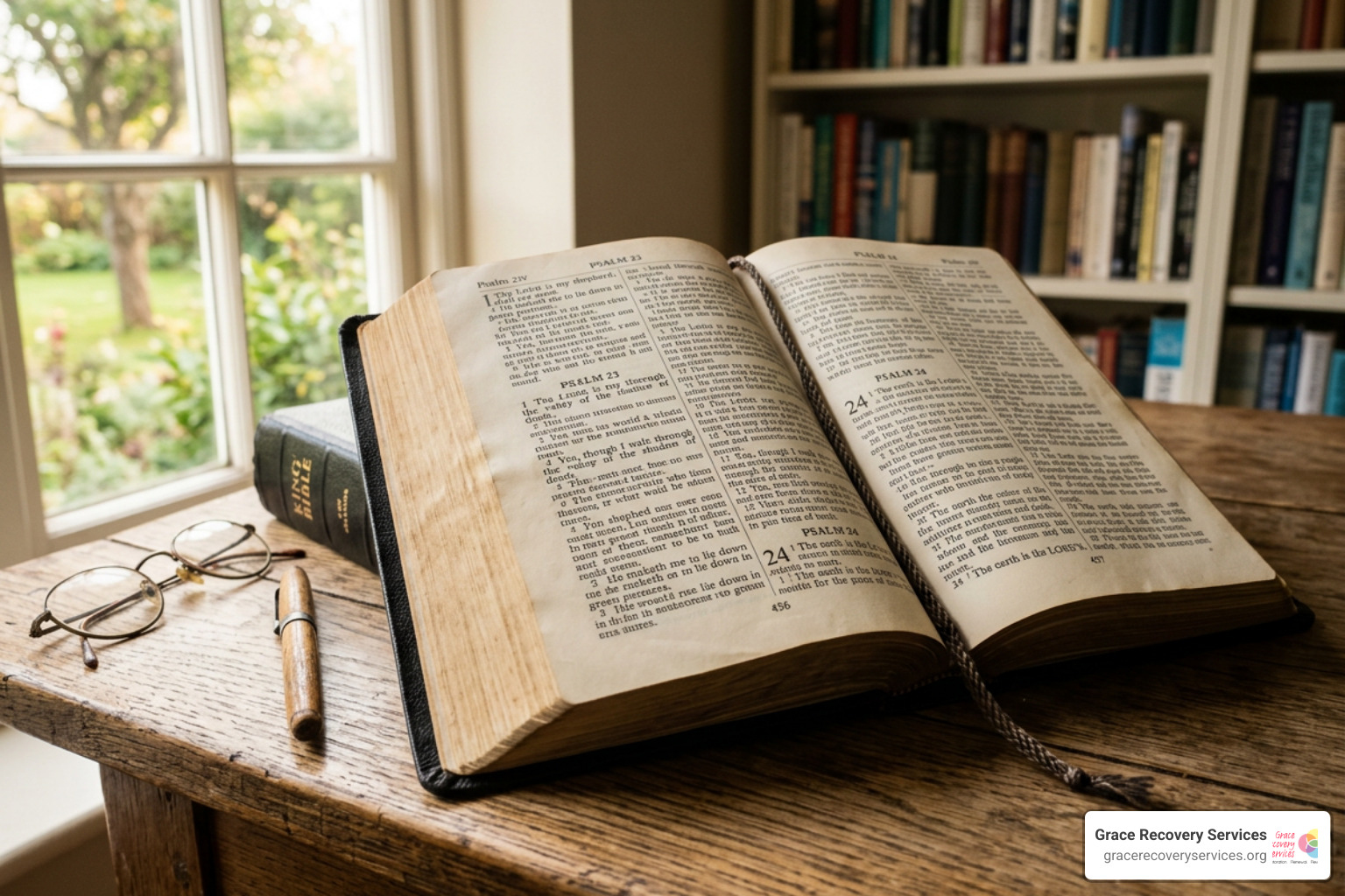 An open Bible resting on a wooden table with soft morning light filtering through a window An open Bible resting on a wooden table with soft morning light filtering through a window