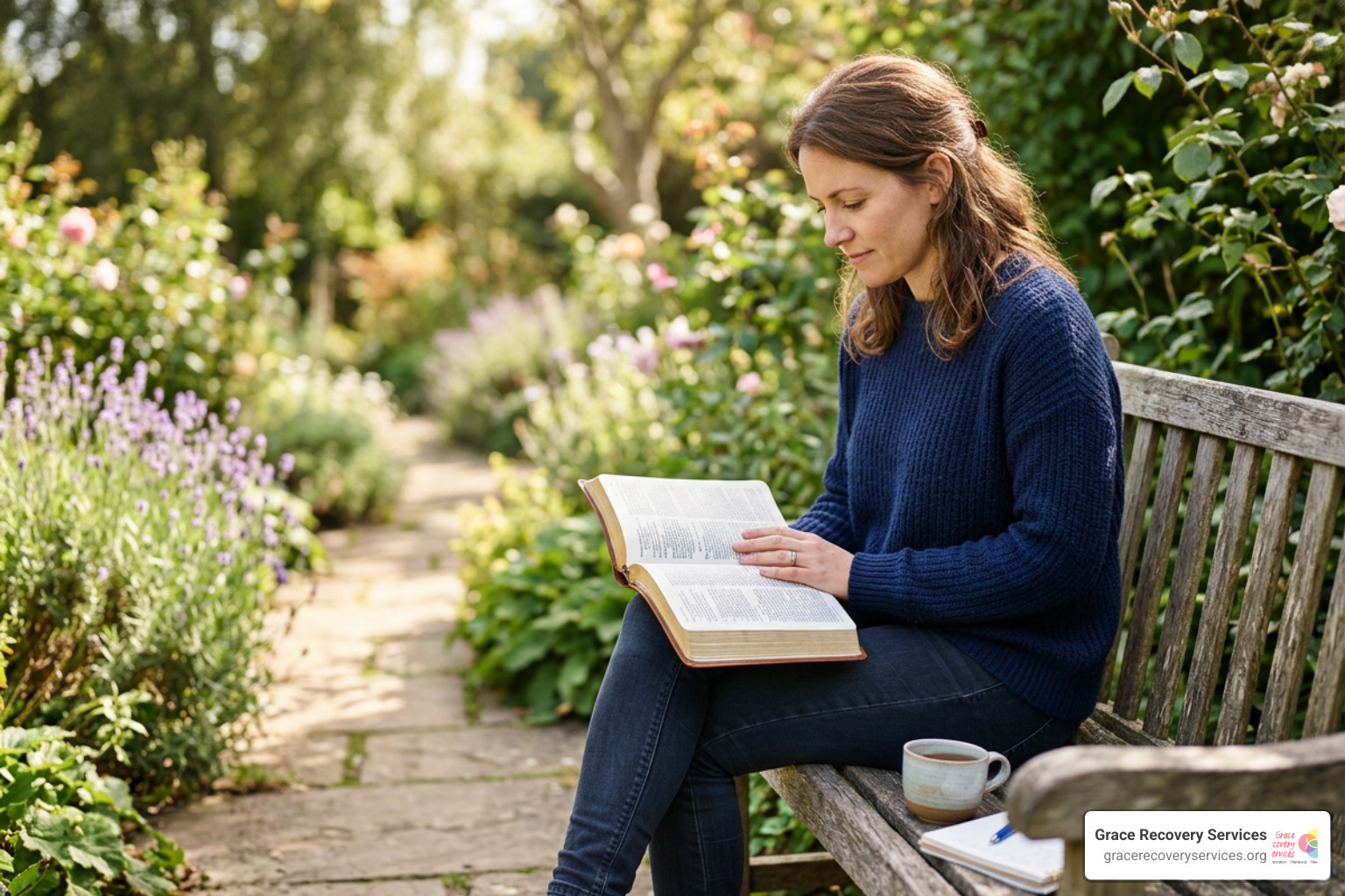 A person writing in a journal next to a cup of warm tea during a quiet morning devotion A person writing in a journal next to a cup of warm tea during a quiet morning devotion