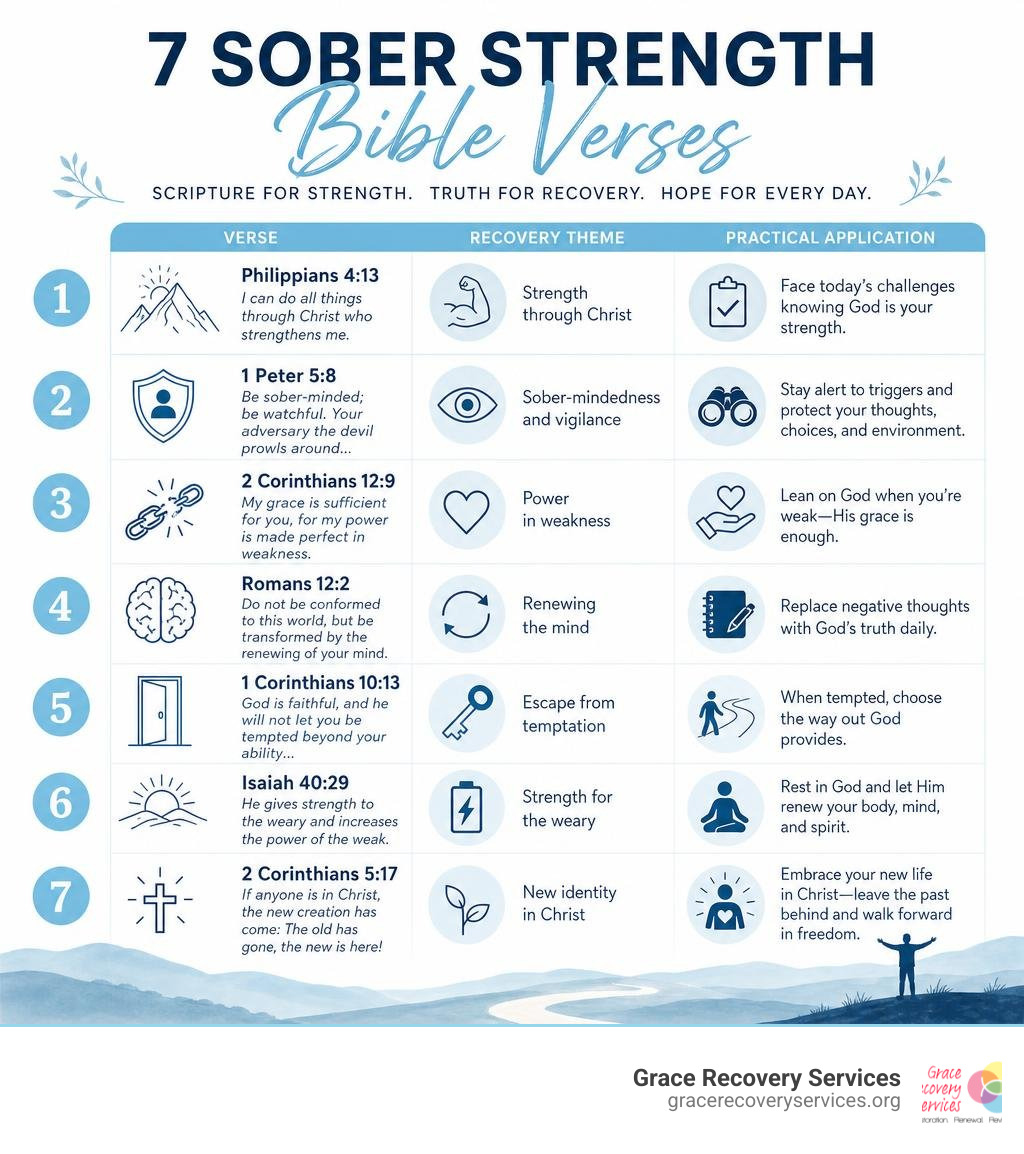 Infographic showing 7 sober strength Bible verses with their recovery themes and practical applications infographic Infographic showing 7 sober strength Bible verses with their recovery themes and practical applications infographic