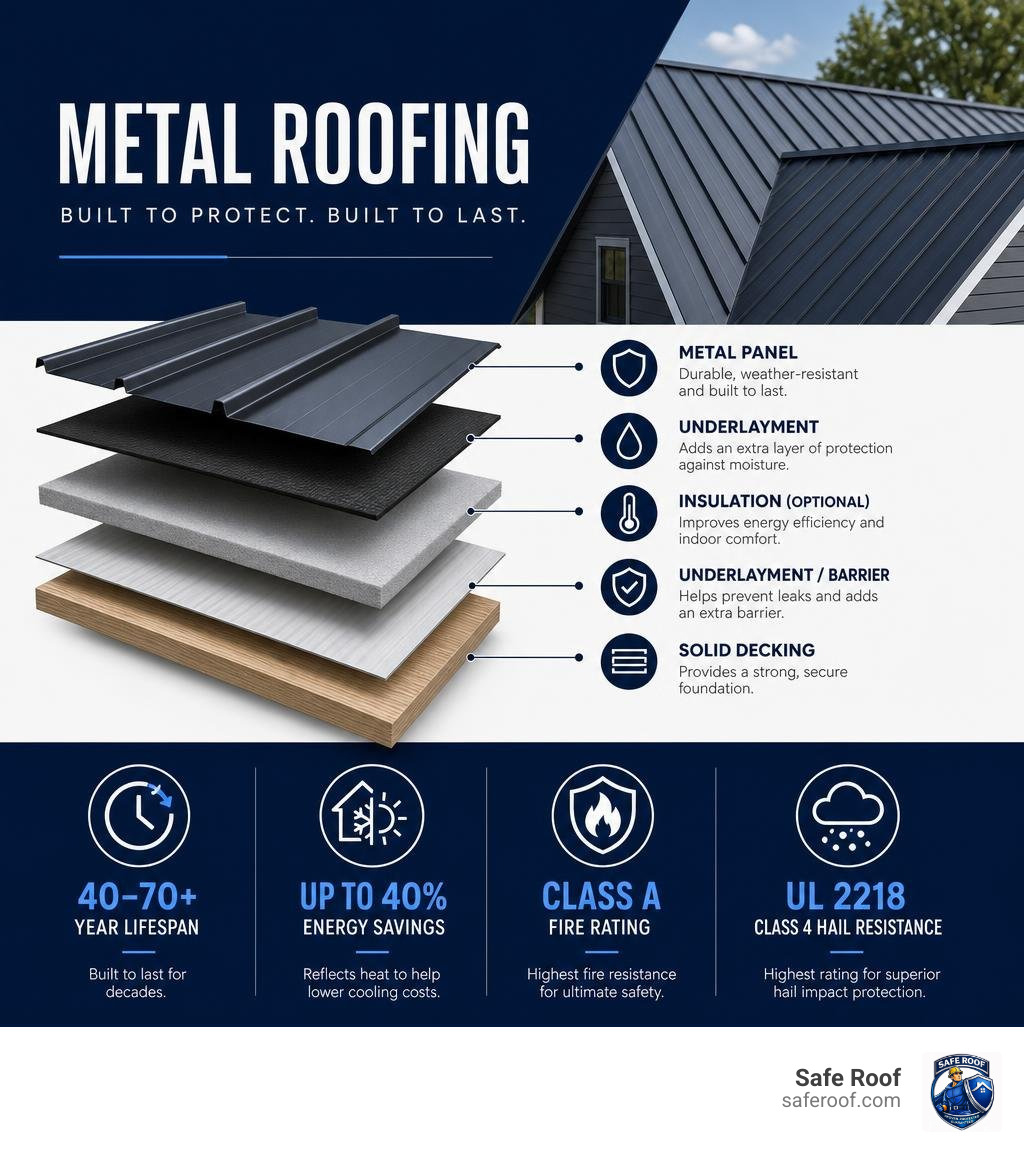 Infographic showing metal roof layers, lifespan, energy savings, fire rating, and hail resistance benefits infographic