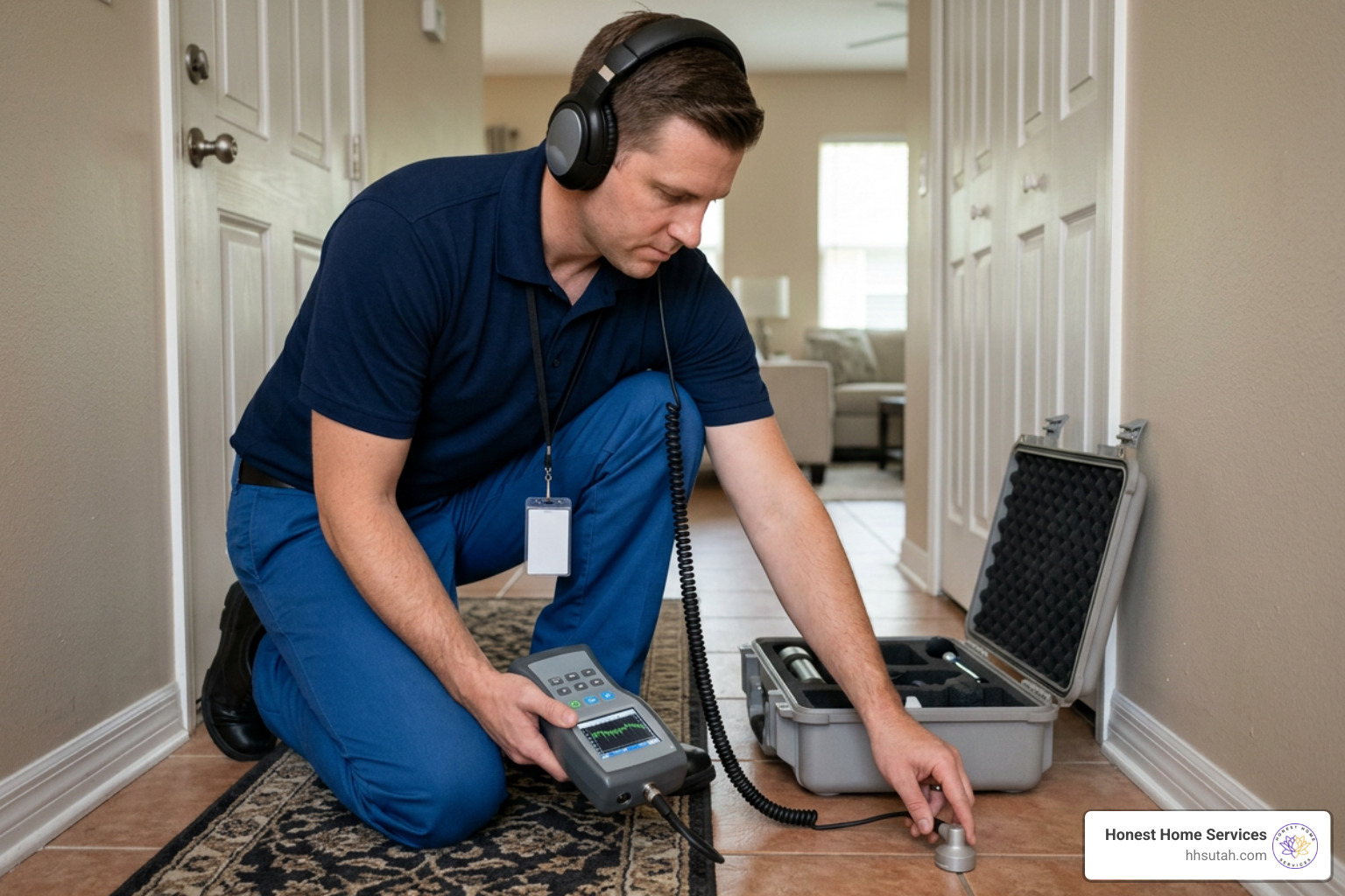 technician using acoustic leak detection equipment to find a slab leak technician using acoustic leak detection equipment to find a slab leak