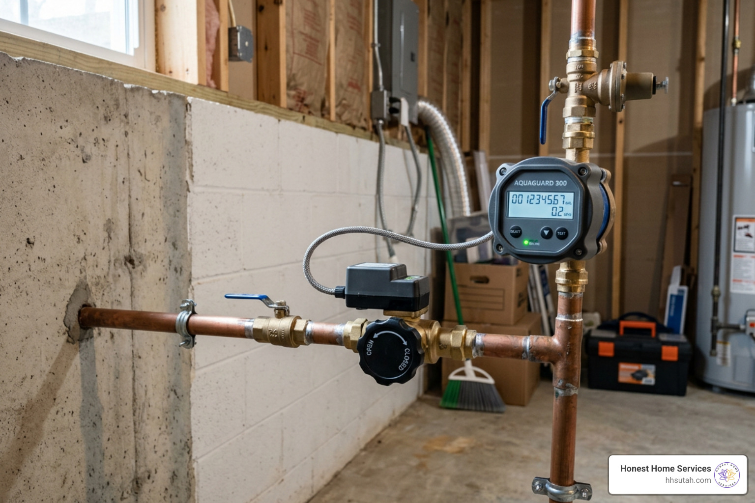 smart water meter with automatic shutoff valve installed on a main water line smart water meter with automatic shutoff valve installed on a main water line