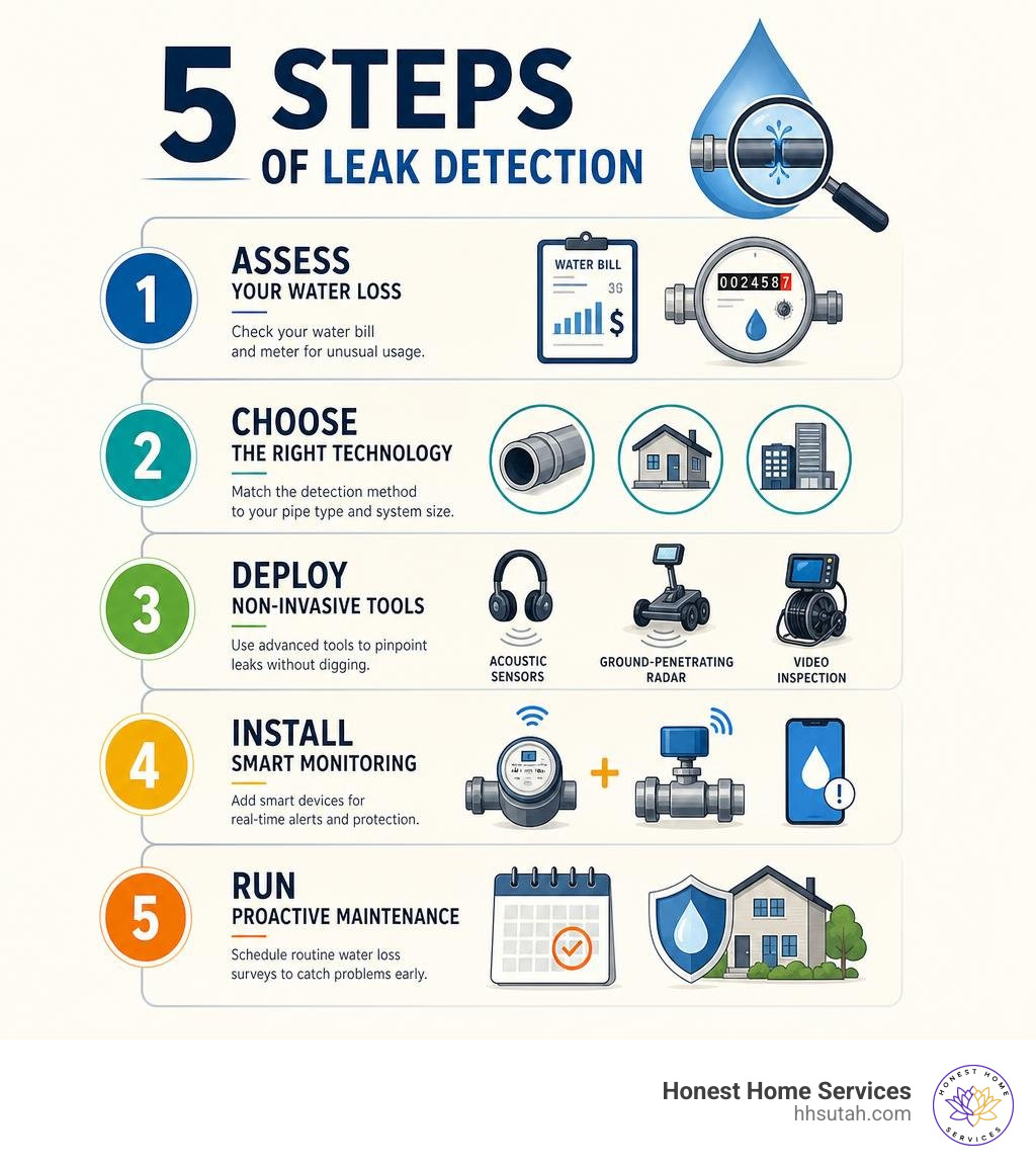 5 steps of leak detection infographic with icons for each step infographic 5 steps of leak detection infographic with icons for each step infographic