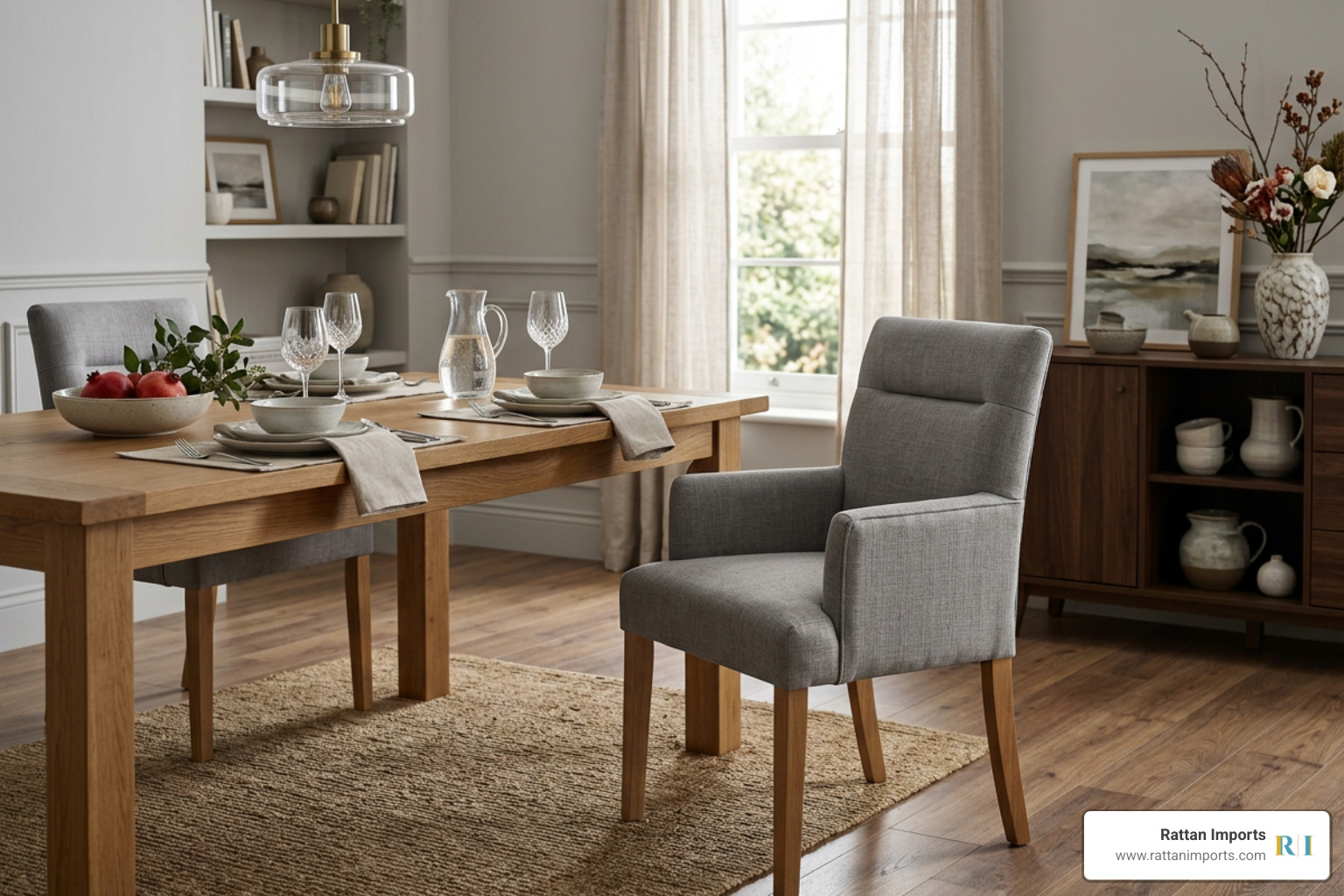 gray dining armchair in elegant neutral dining room setting gray dining armchair in elegant neutral dining room setting