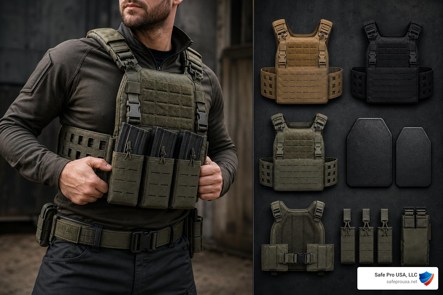 heavy-duty tactical vest with MOLLE webbing and load-bearing setup