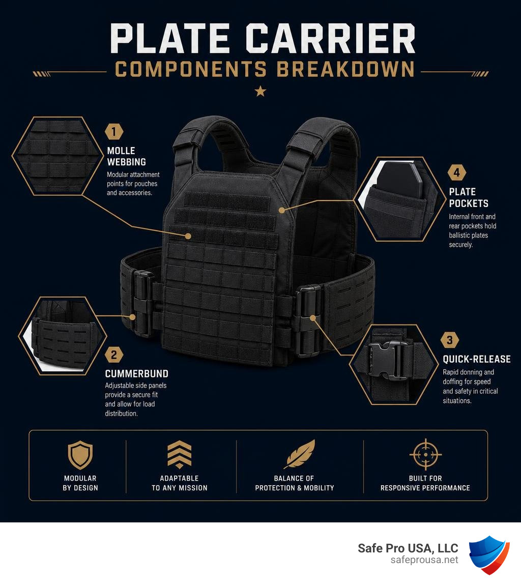 Plate carrier components breakdown showing MOLLE webbing, cummerbund, quick-release, and plate pockets infographic