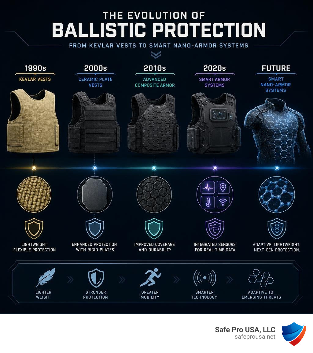 Evolution of ballistic protection from Kevlar vests to smart nano-armor systems infographic infographic Evolution of ballistic protection from Kevlar vests to smart nano-armor systems infographic infographic