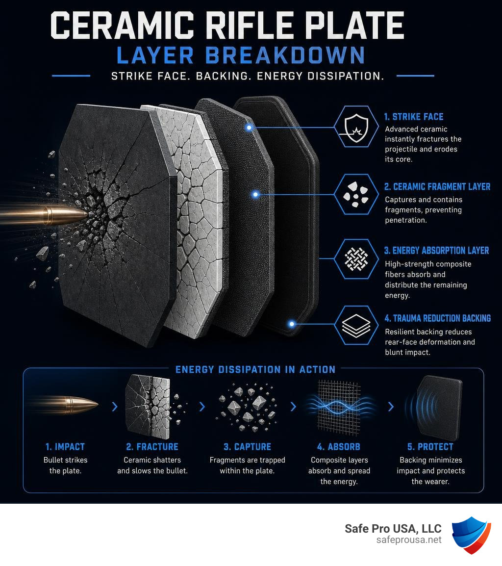 Ceramic rifle plate layer breakdown infographic showing strike face backing and energy dissipation infographic Ceramic rifle plate layer breakdown infographic showing strike face backing and energy dissipation infographic