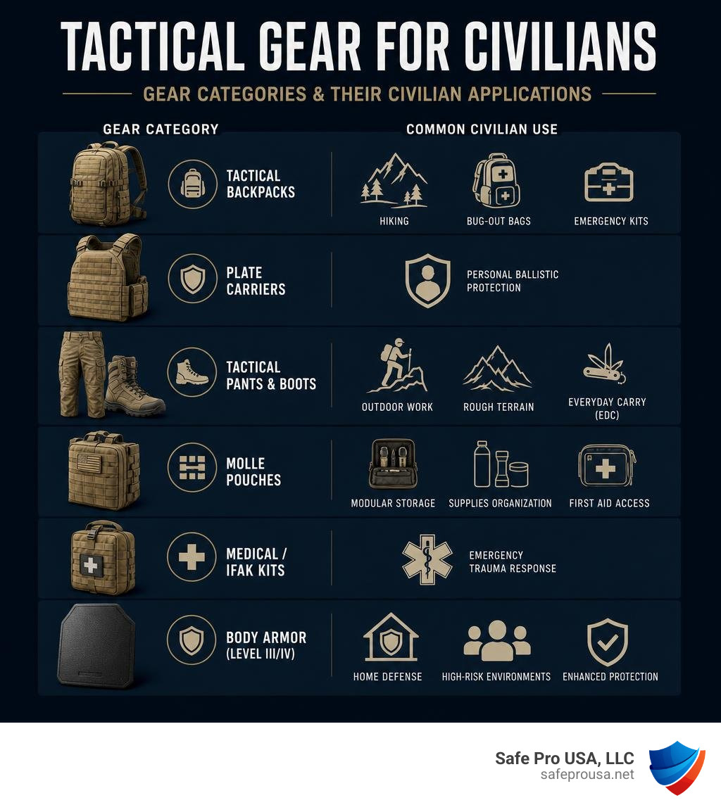 Infographic comparing tactical gear categories and their civilian applications infographic Infographic comparing tactical gear categories and their civilian applications infographic