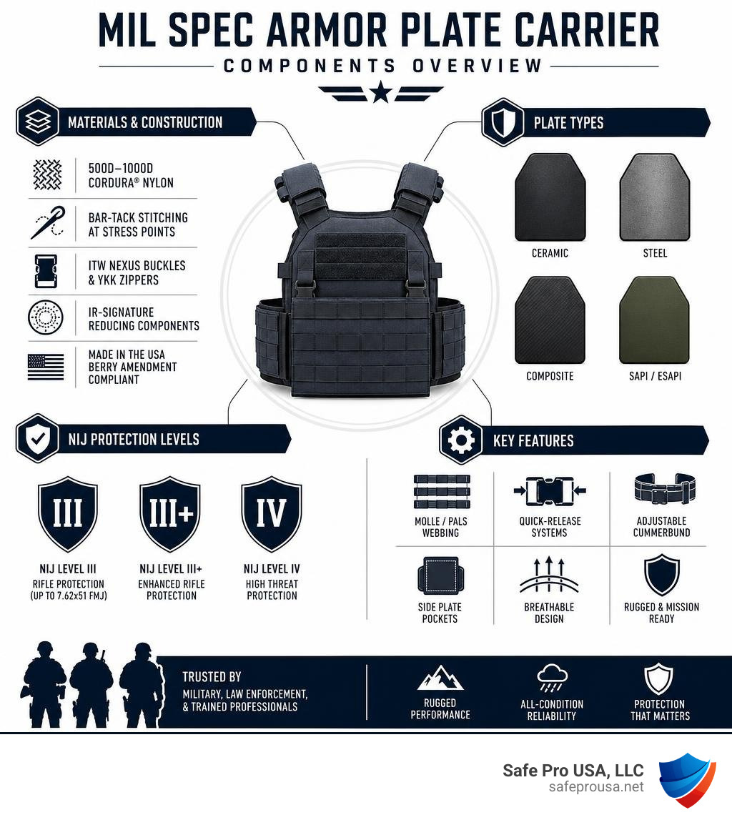 Mil spec armor plate carrier components infographic: materials, plate types, NIJ levels, key features infographic Mil spec armor plate carrier components infographic: materials, plate types, NIJ levels, key features infographic
