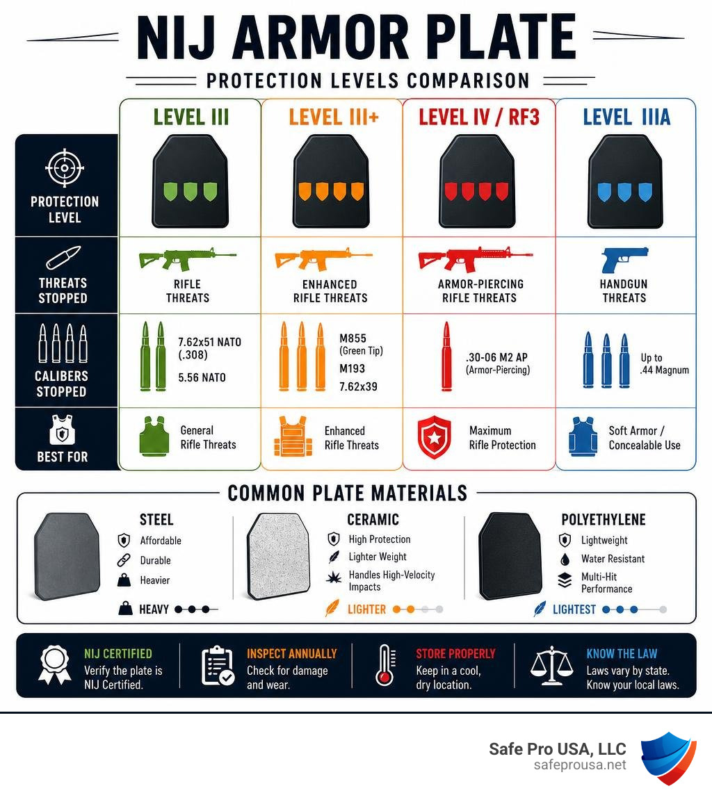 NIJ armor plate protection levels comparison infographic showing threat levels, materials, and stopped calibers infographic NIJ armor plate protection levels comparison infographic showing threat levels, materials, and stopped calibers infographic