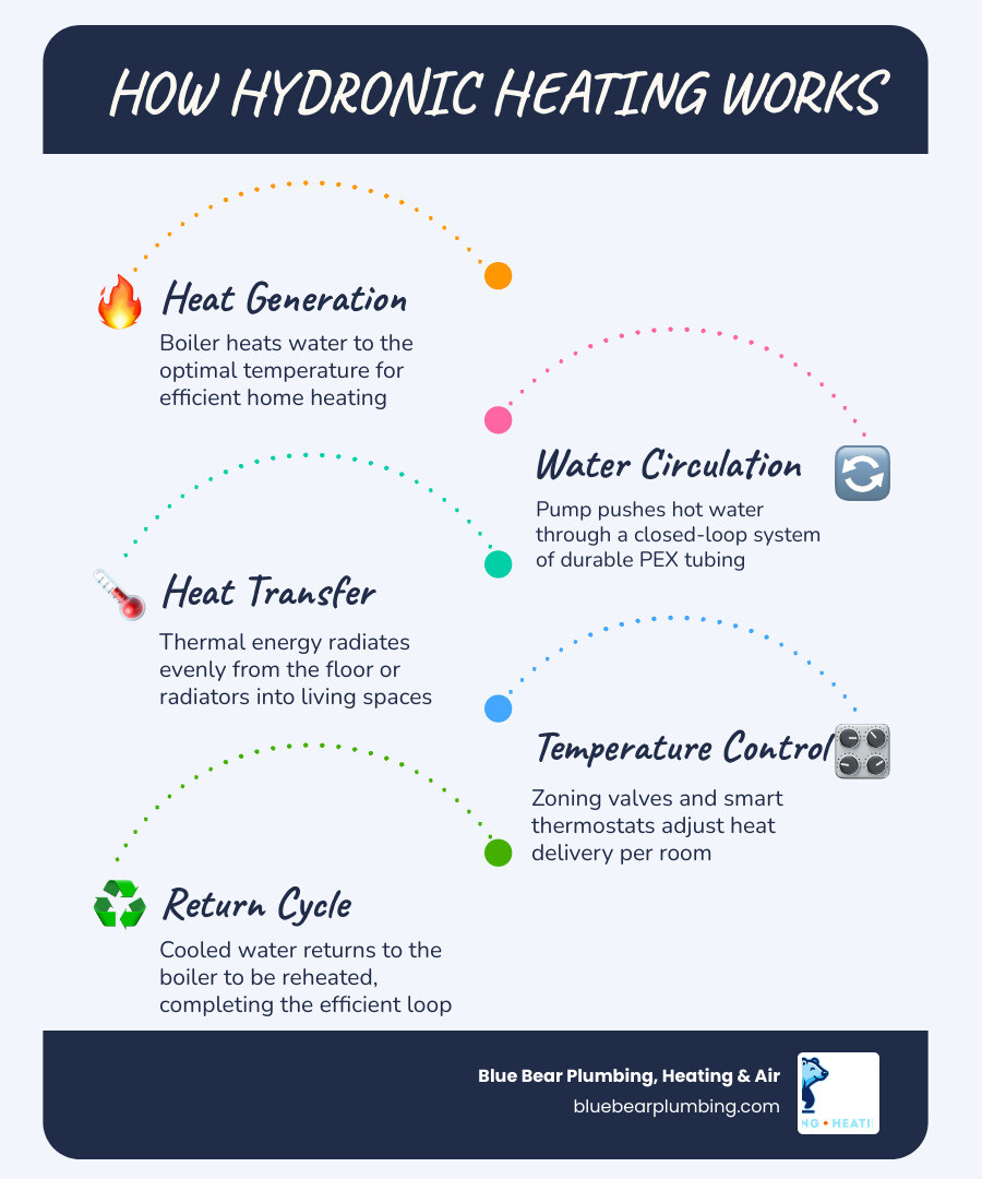 Infographic showing how hydronic heating works, key benefits, and who it's best suited for infographic Infographic showing how hydronic heating works, key benefits, and who it's best suited for infographic