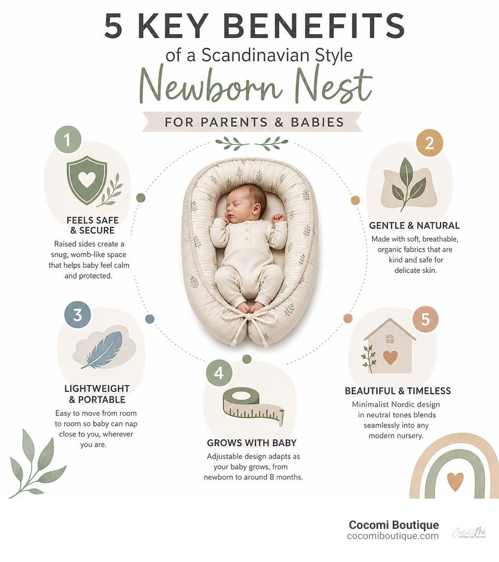 Infographic: 5 key benefits of a Scandinavian style newborn nest for parents and babies infographic