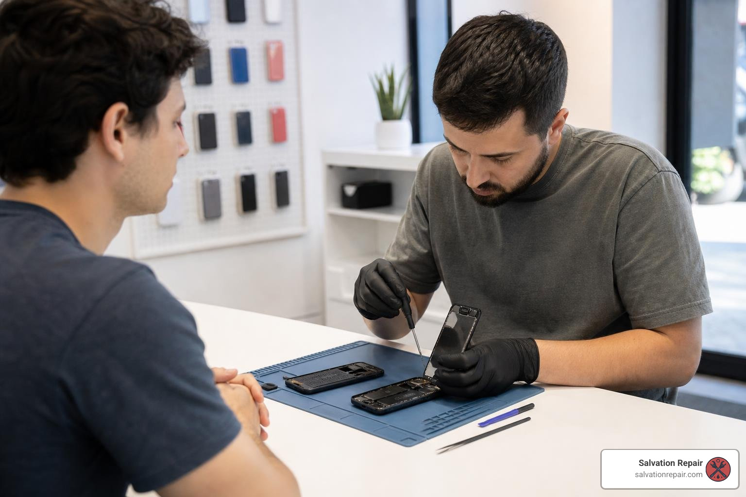 Technician repairing iPhone screen carefully in front of the customer Technician repairing iPhone screen carefully in front of the customer