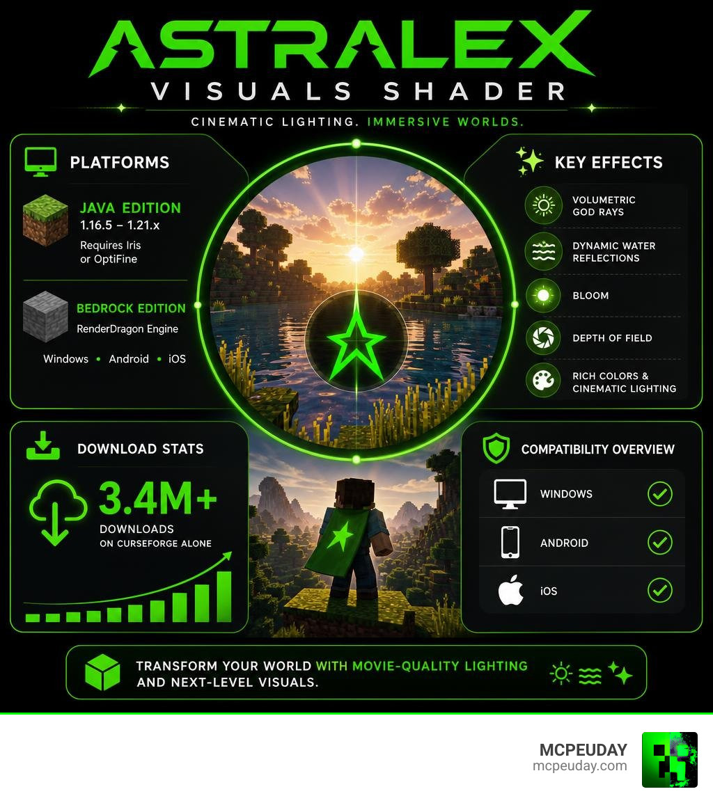Astralex Visuals Shader features infographic: platforms, key effects, download stats, and compatibility overview infographic