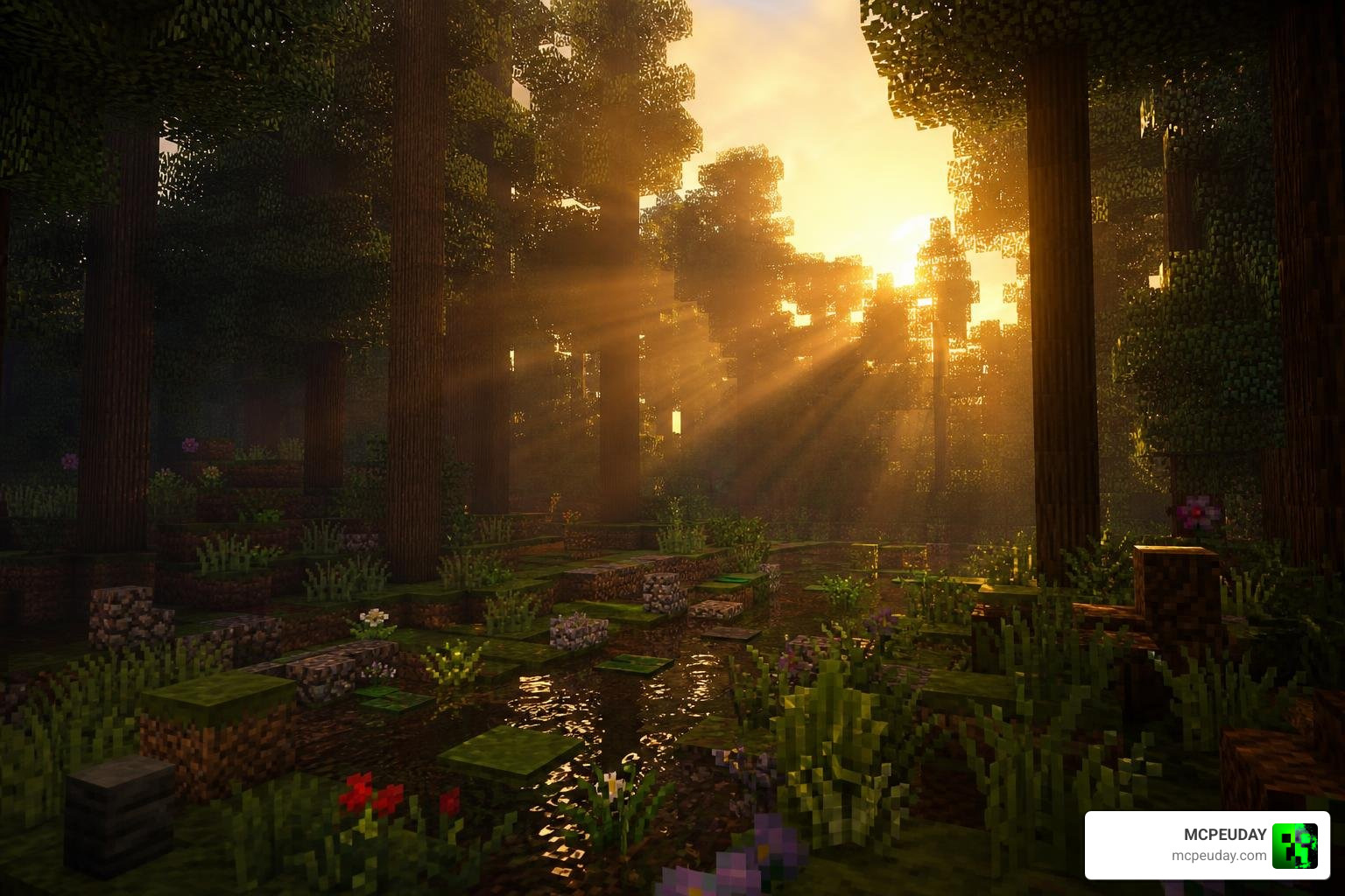 Volumetric lighting beams filtering through trees in Minecraft PE