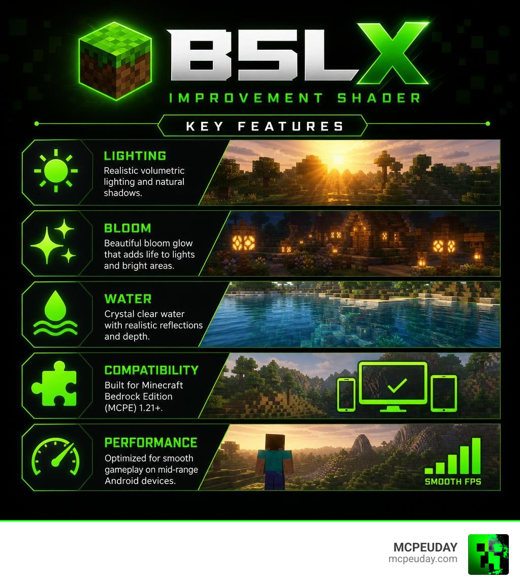 BSL X Improvement Shader features infographic: lighting, bloom, water, compatibility, performance infographic