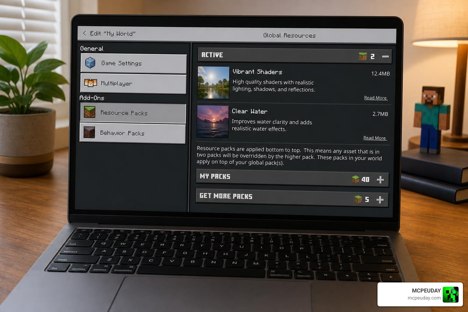 Minecraft global resources settings screen showing activated shader packs