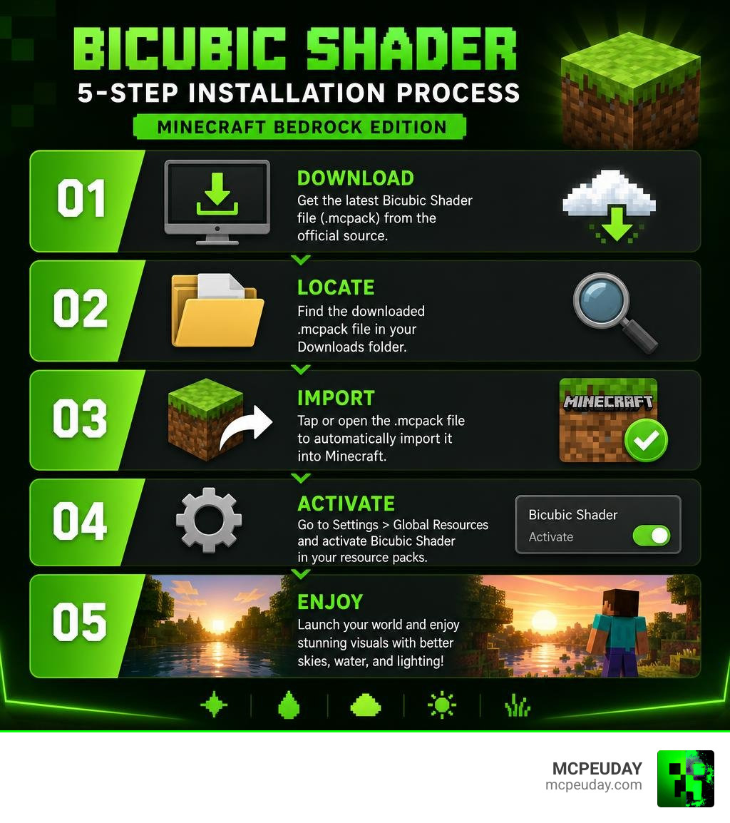 Bicubic Shader 5-step installation process infographic for Minecraft Bedrock Edition infographic