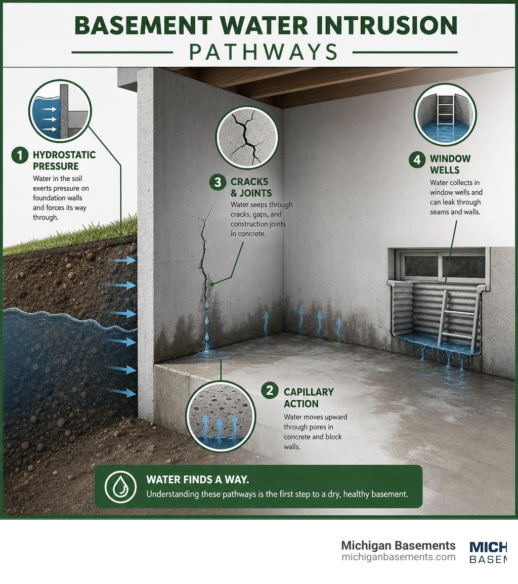 Infographic showing basement water intrusion pathways including hydrostatic pressure, capillary action, cracks, and window