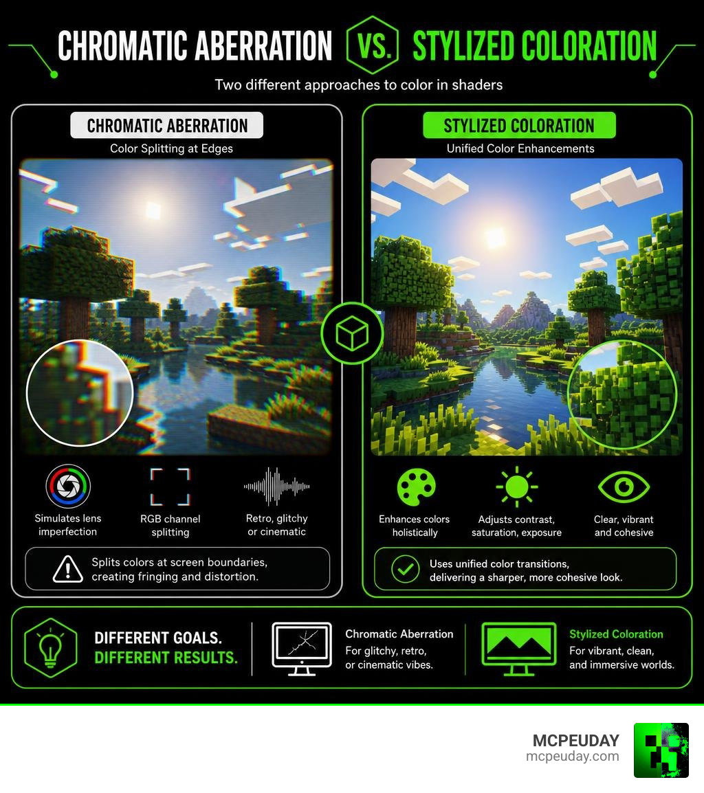 Infographic comparing chromatic aberration color splitting to stylized color gradients infographic