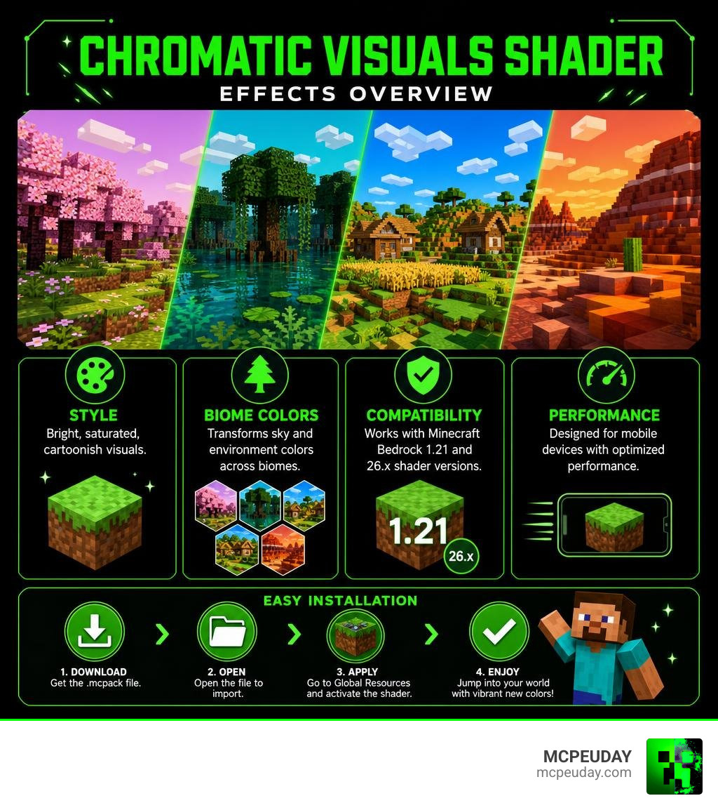 Chromatic Visuals Shader effects overview: style, biome colors, compatibility, and installation summary infographic