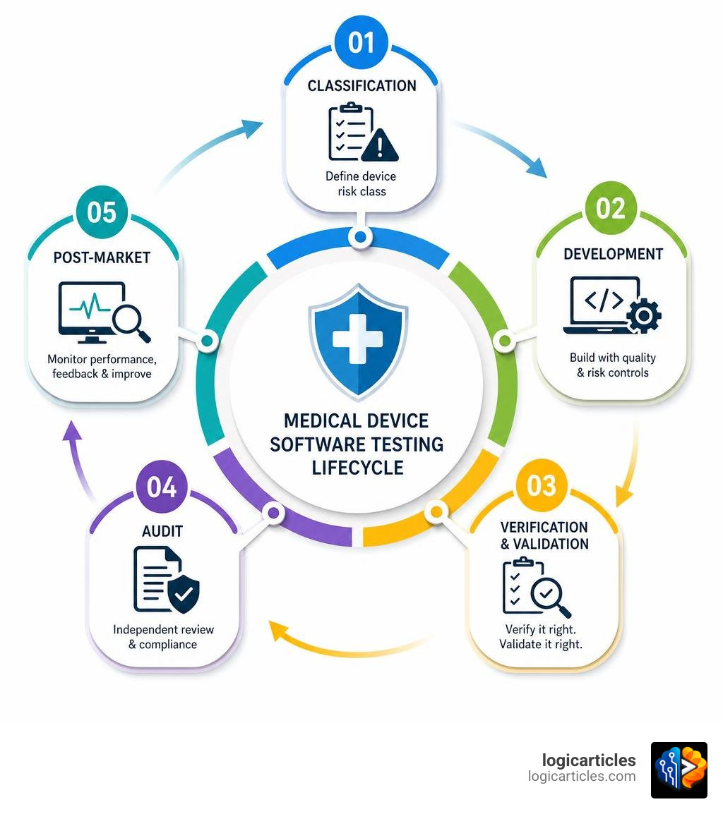 Medical device software testing lifecycle: classification, development, V&V, audit, post-market infographic Medical device software testing lifecycle: classification, development, V&V, audit, post-market infographic