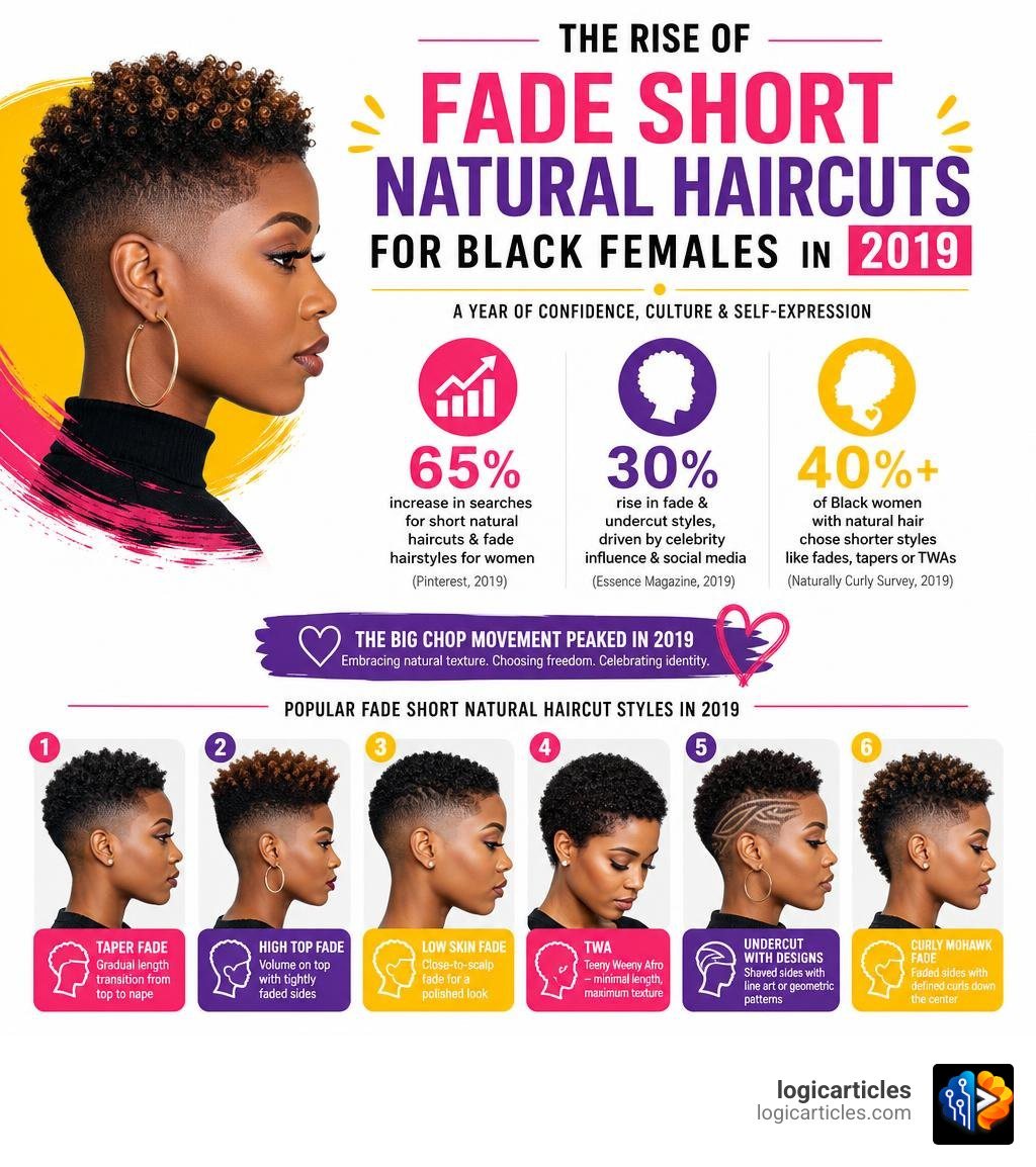 Infographic showing the rise of fade short natural haircuts for Black females in 2019 with key stats infographic Infographic showing the rise of fade short natural haircuts for Black females in 2019 with key stats infographic