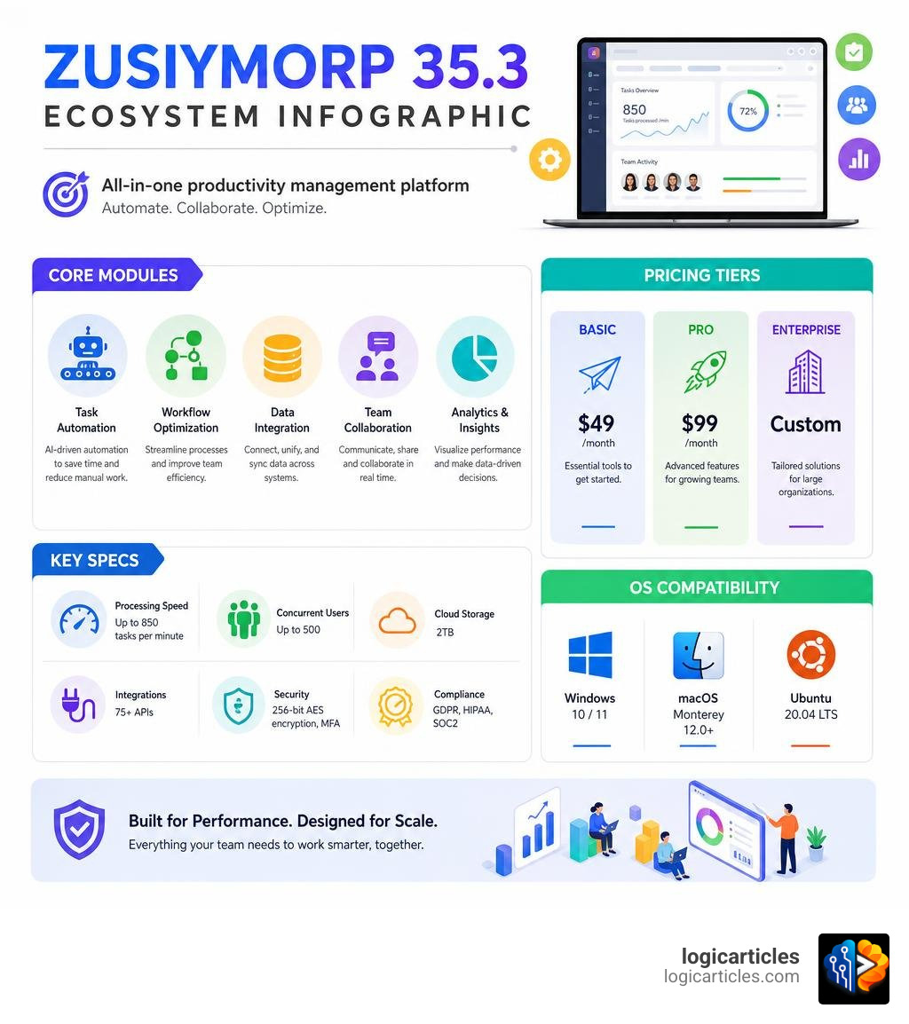 Zusiymorp 35.3 ecosystem infographic showing core modules, pricing tiers, OS compatibility, and key specs infographic